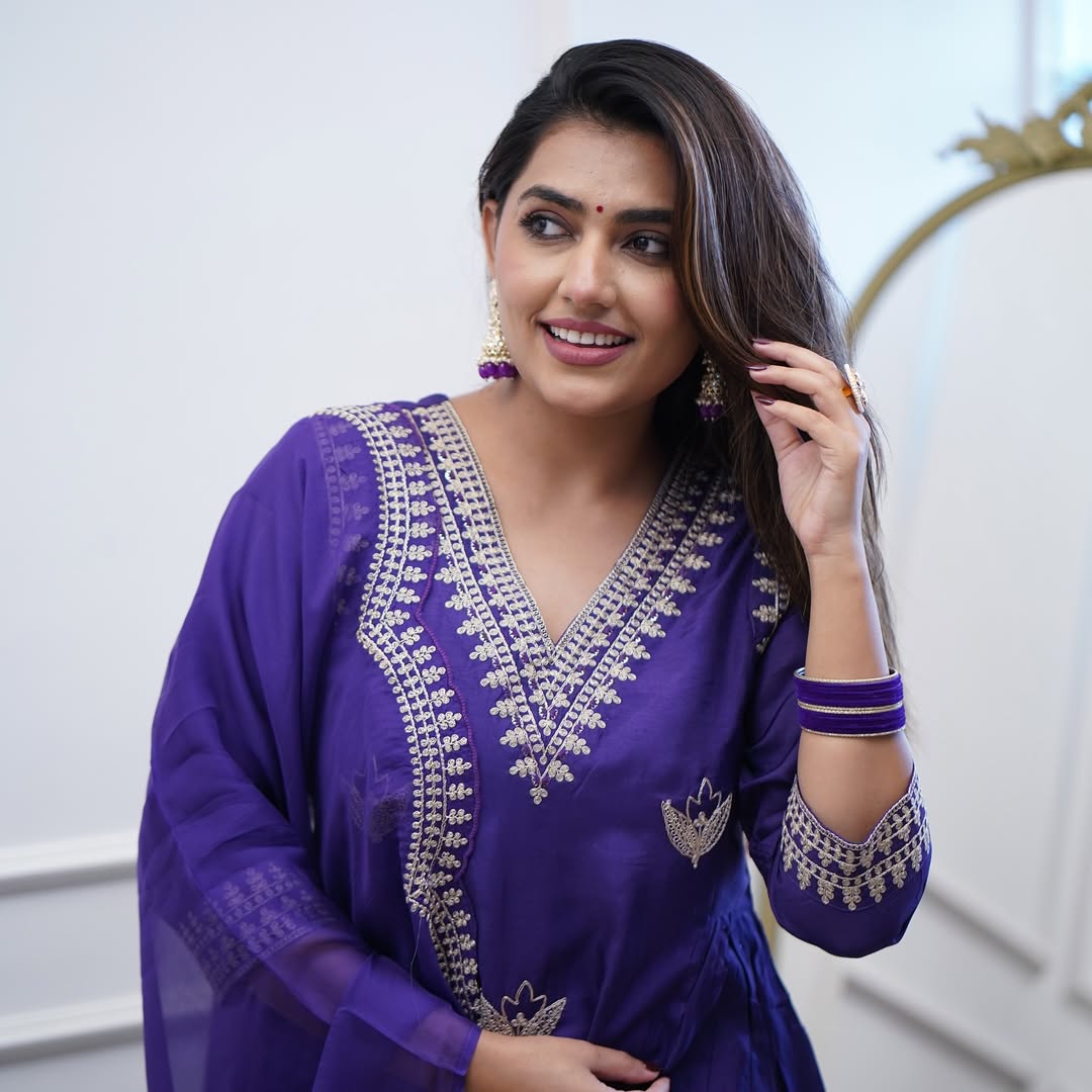 Women's Purple Embroidered Anarkali Kurta Set with Dupatta