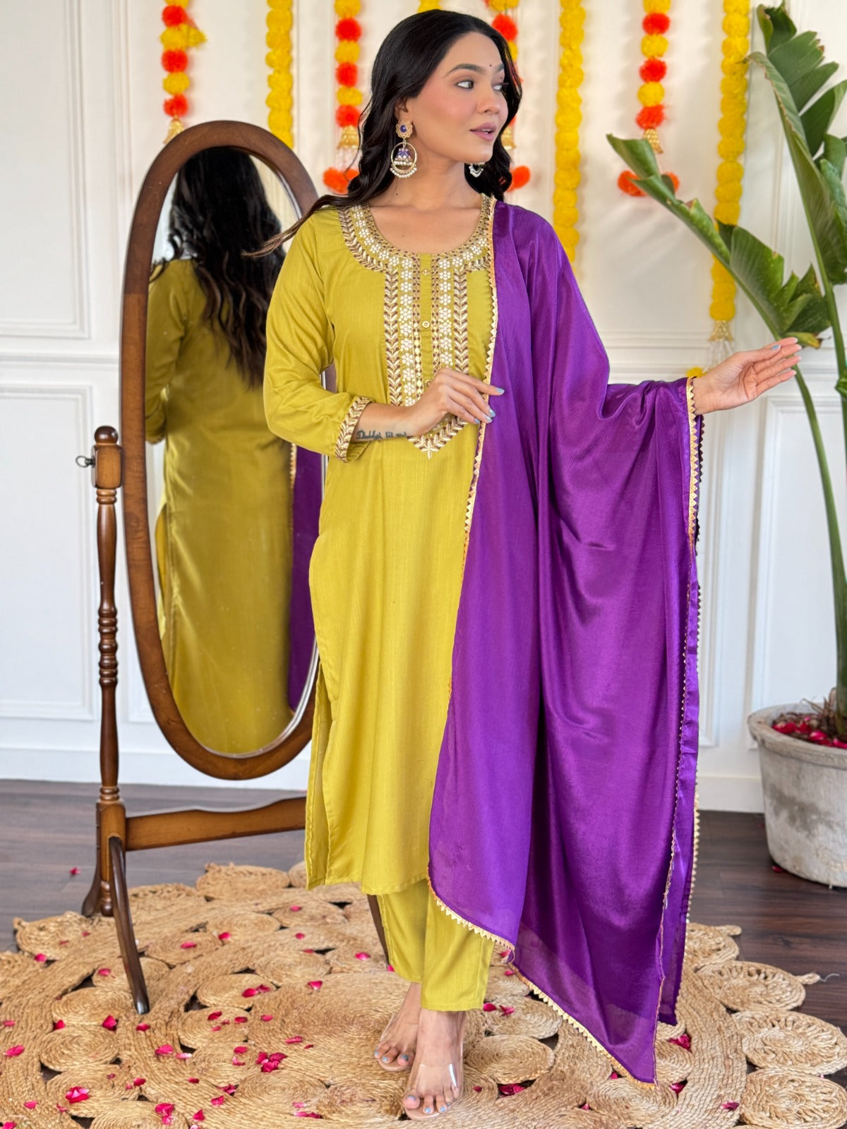 Women's Reyon Slub Embroidered Kurta With Pant & Dupatta Work Suit Set