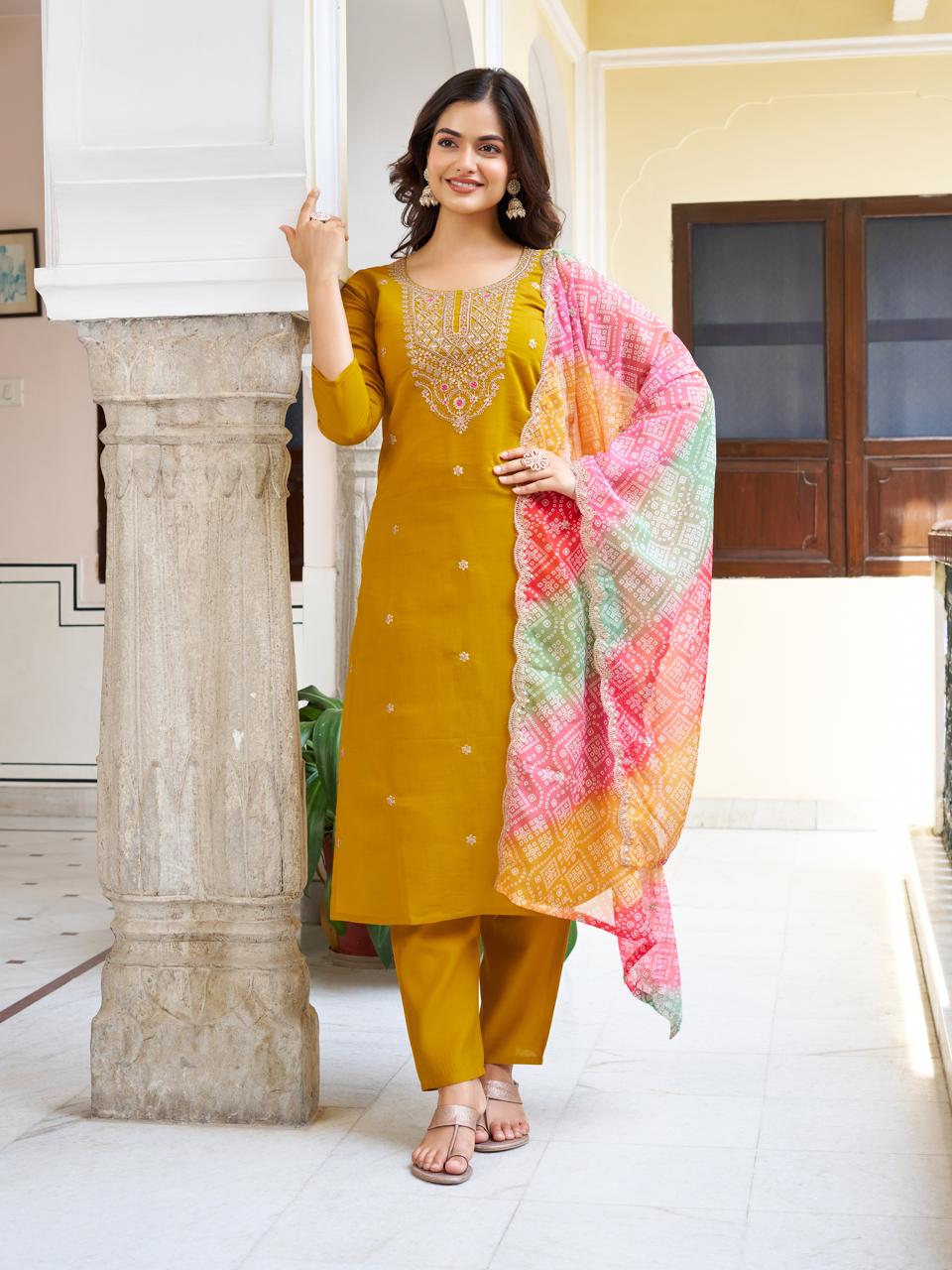 Women Mustard yellow Viscose chanderi  Embroidered Kurta With Pant & Dupatta