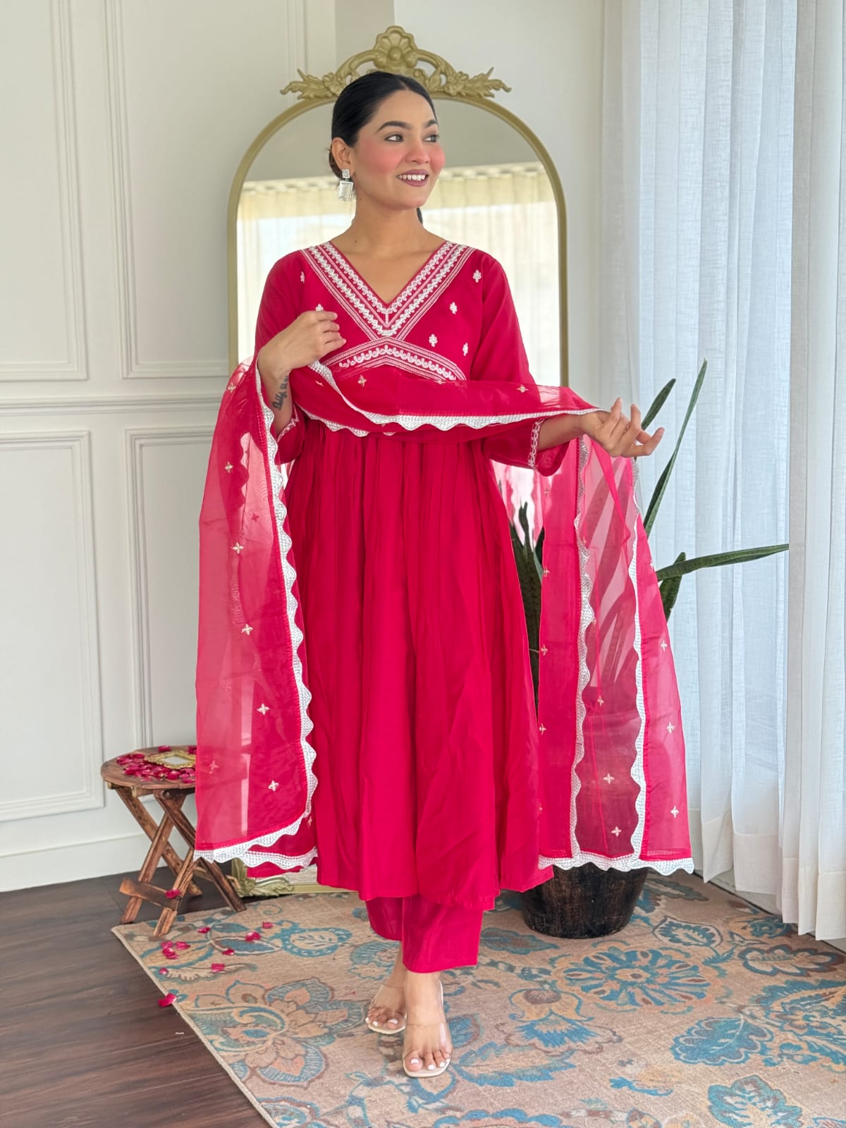 Women's Embroidery Viscose Chanderi Regular Fit 3/4 Sleeve Lightweight Ethnic Wear Kurti Pant and Dupatta Set