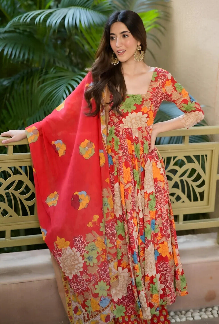 Stylish Womens Chinnon Position Print with Kurti Pant and Printed Dupatta set