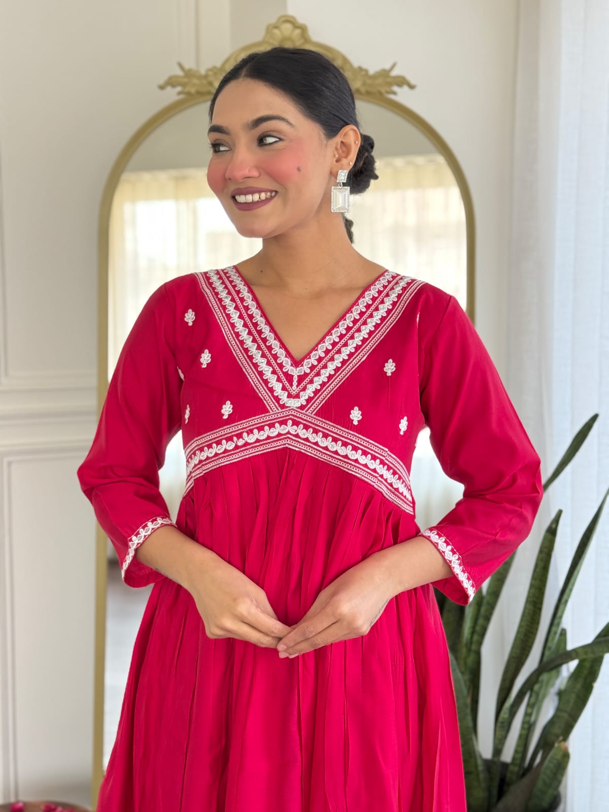 Women's Embroidery Viscose Chanderi Regular Fit 3/4 Sleeve Lightweight Ethnic Wear Kurti Pant and Dupatta Set