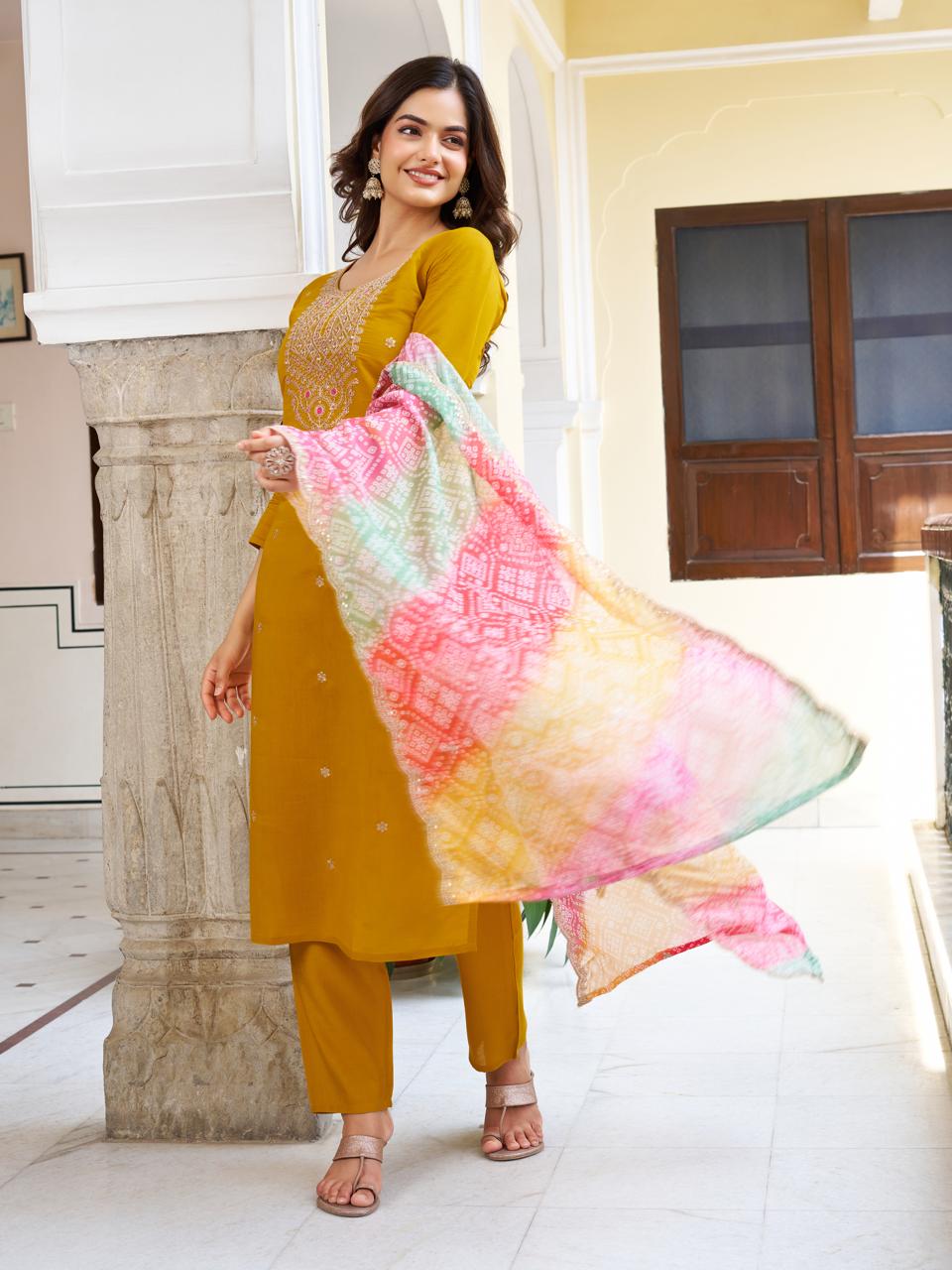 Women Mustard yellow Viscose chanderi  Embroidered Kurta With Pant & Dupatta