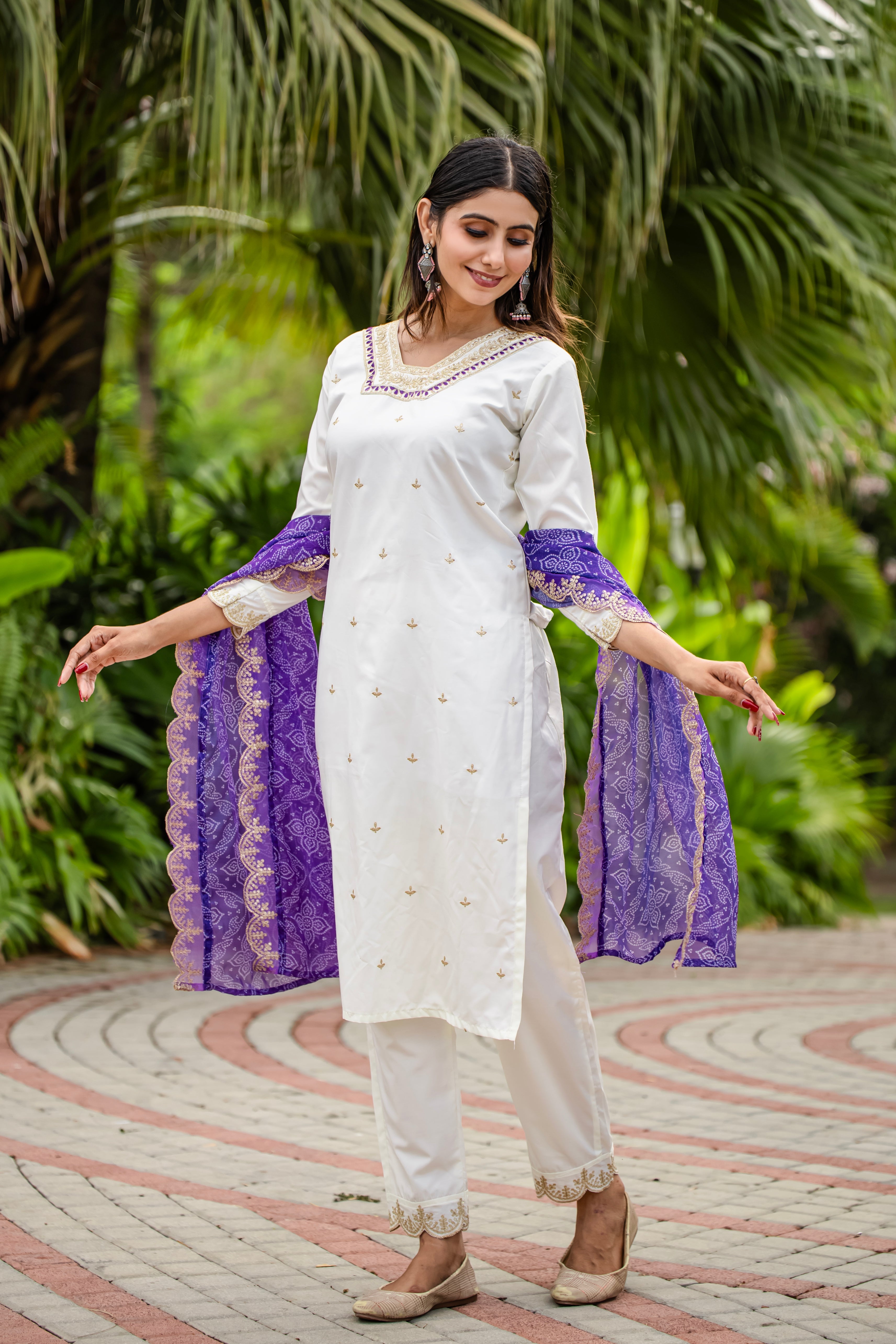 Roman Silk Cream Kurta with Pant and Bandhani Printed with Heavy Embroidered Sequence Work Lace Border Dupatta Sets
