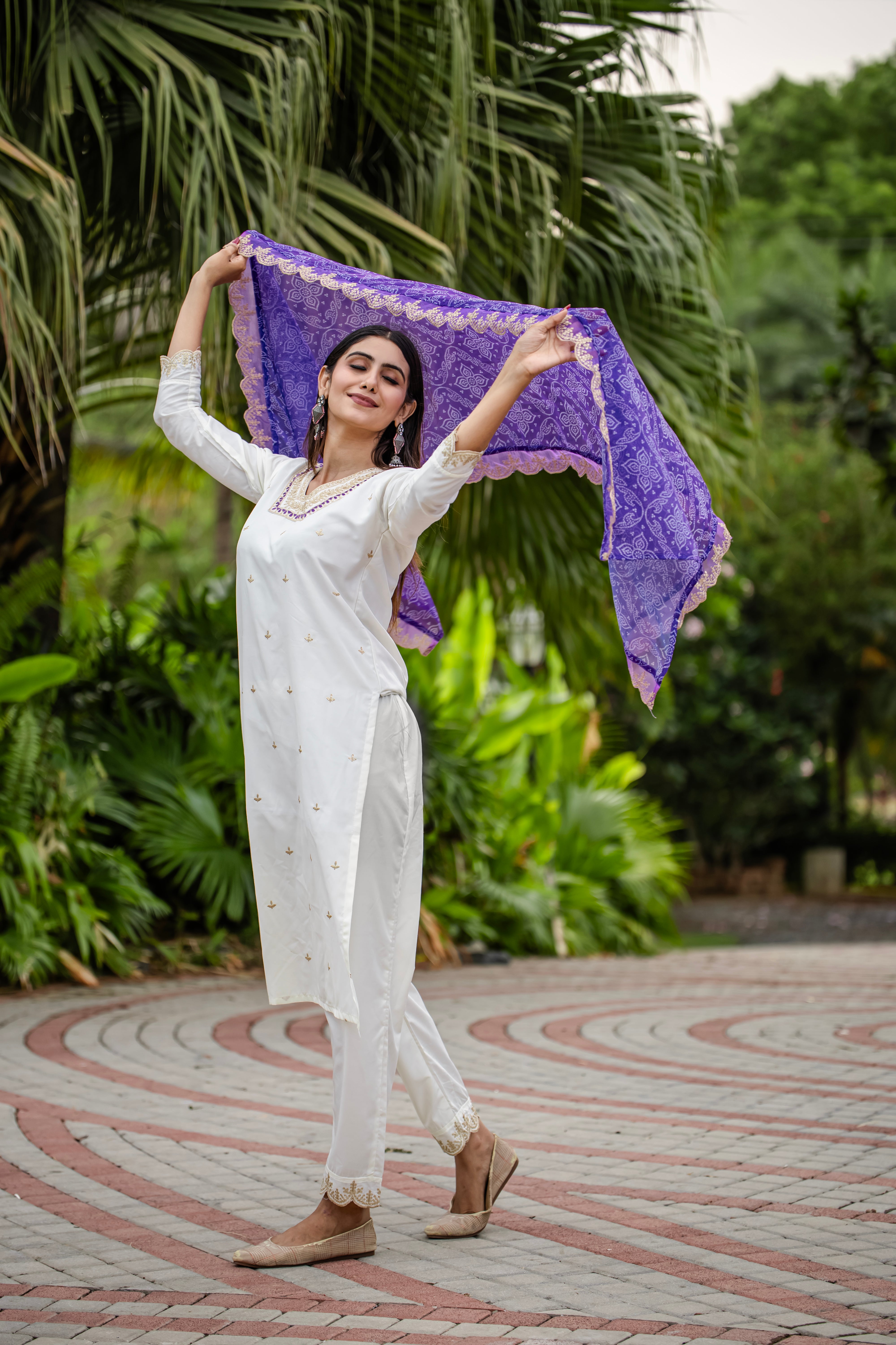 Roman Silk Cream Kurta with Pant and Bandhani Printed with Heavy Embroidered Sequence Work Lace Border Dupatta Sets