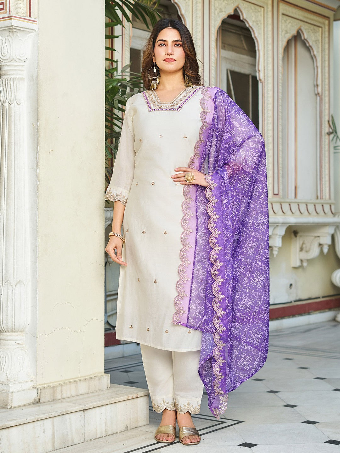 Roman Silk Cream Kurta with Pant and Bandhani Printed with Heavy Embroidered Sequence Work Lace Border Dupatta Sets