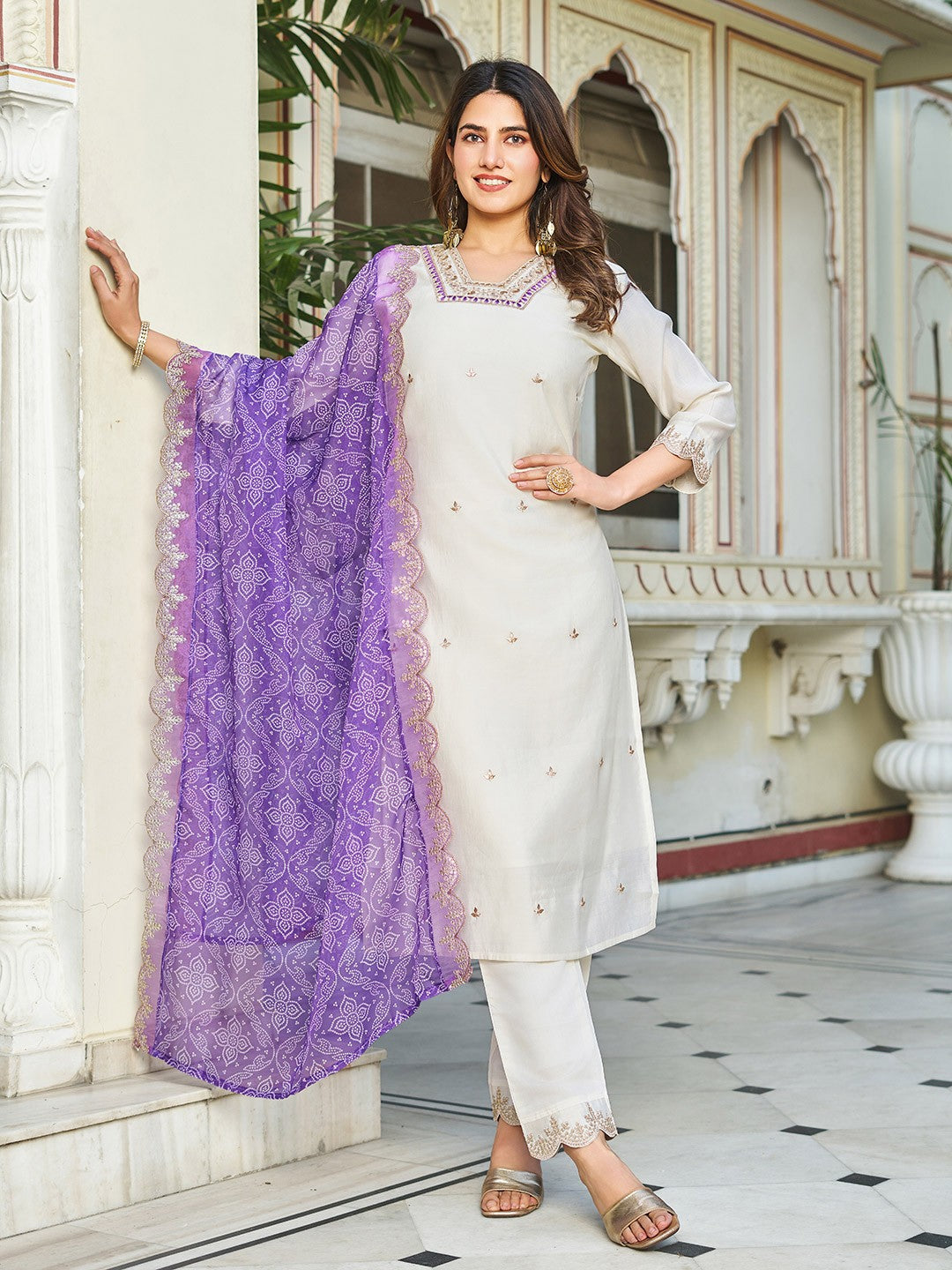 Roman Silk Cream Kurta with Pant and Bandhani Printed with Heavy Embroidered Sequence Work Lace Border Dupatta Sets
