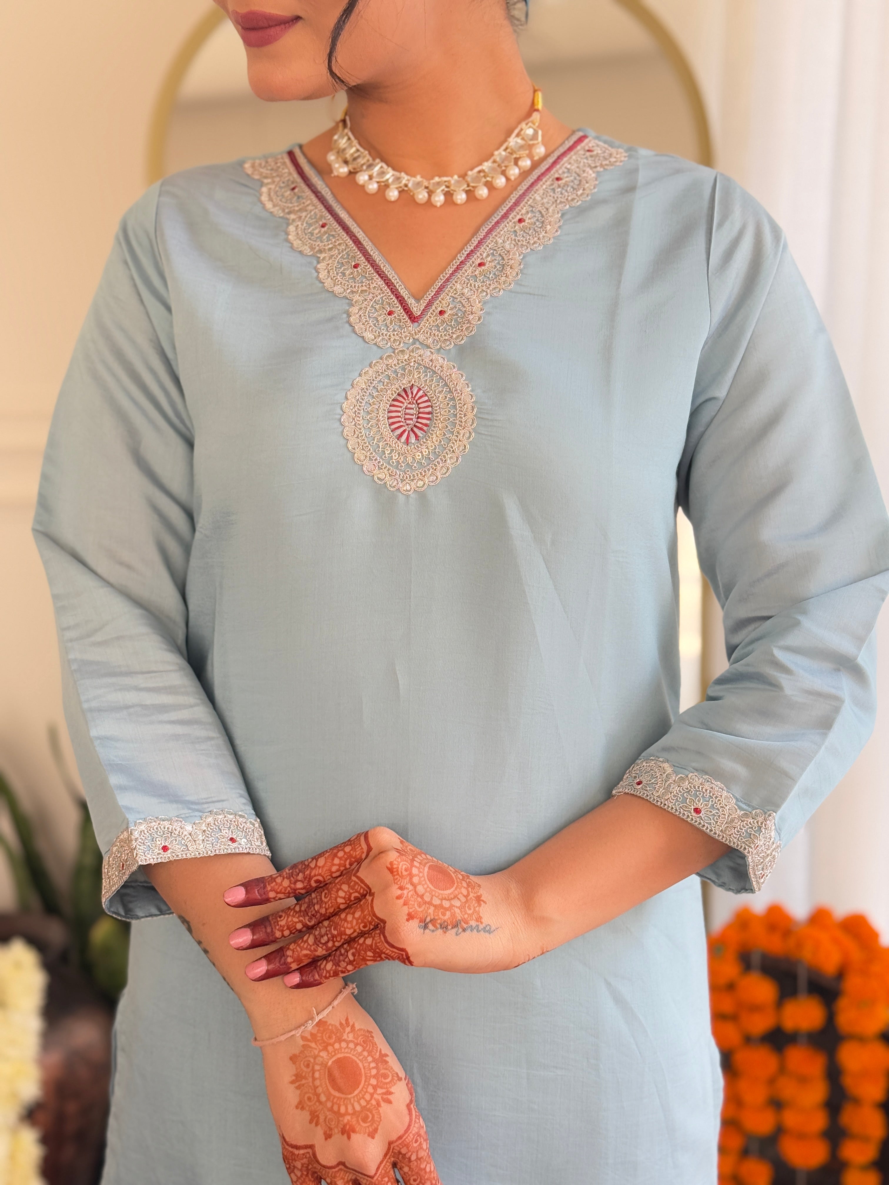 Women's Roman Silk Embroidered Straight Kurta with pant and dupatta sets