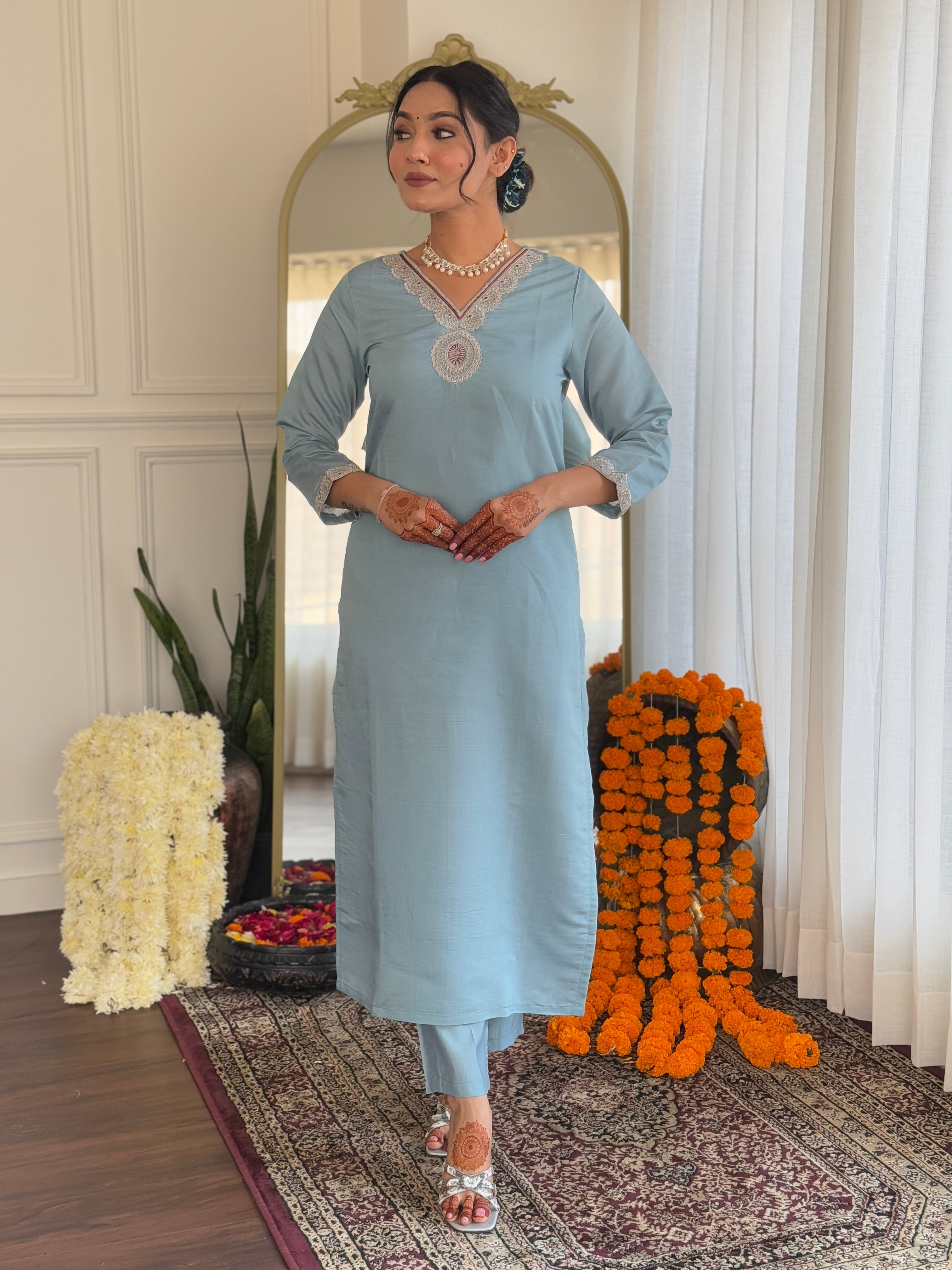 Women's Roman Silk Embroidered Straight Kurta with pant and dupatta sets