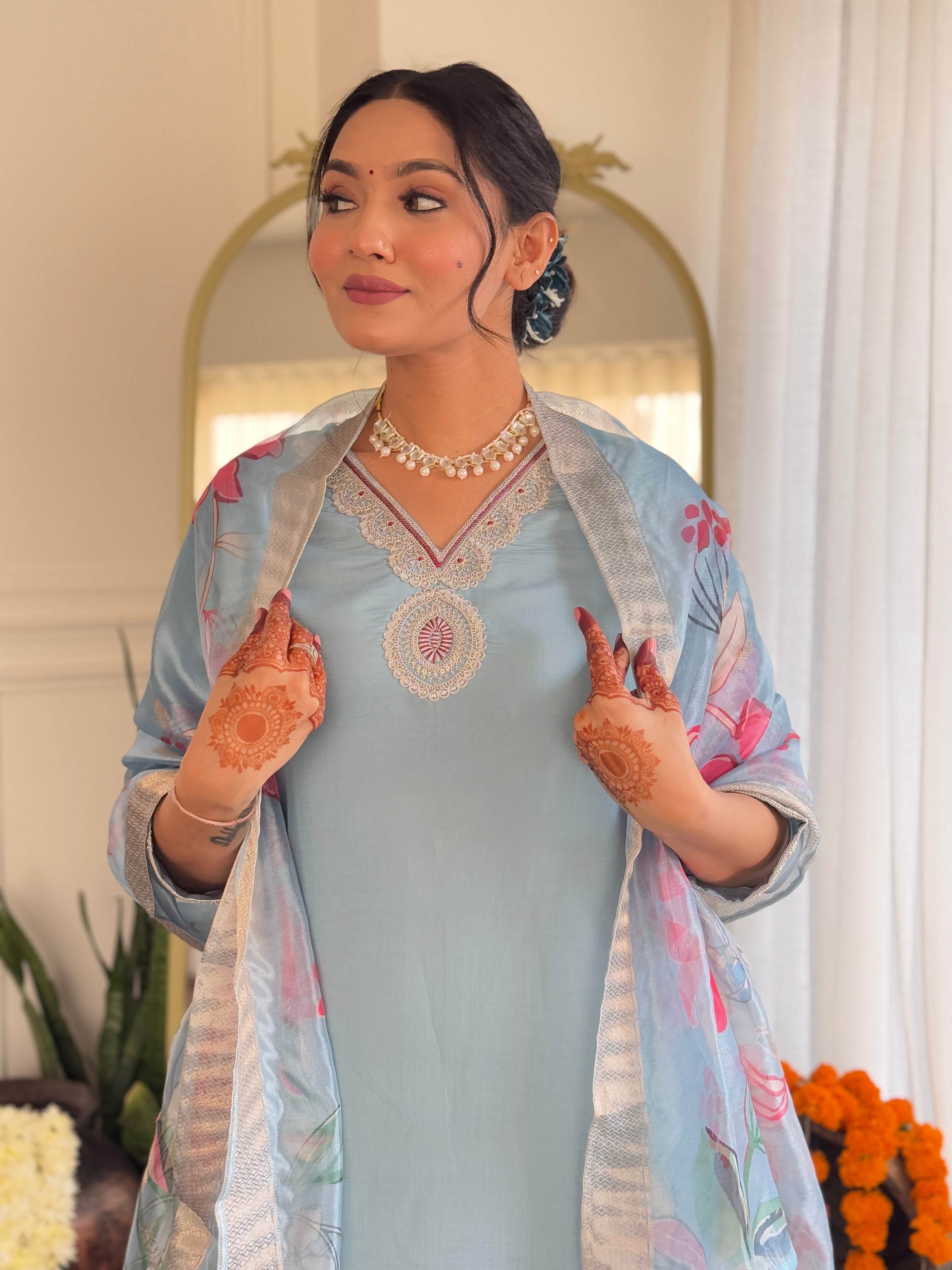 Women's Roman Silk Embroidered Straight Kurta with pant and dupatta sets
