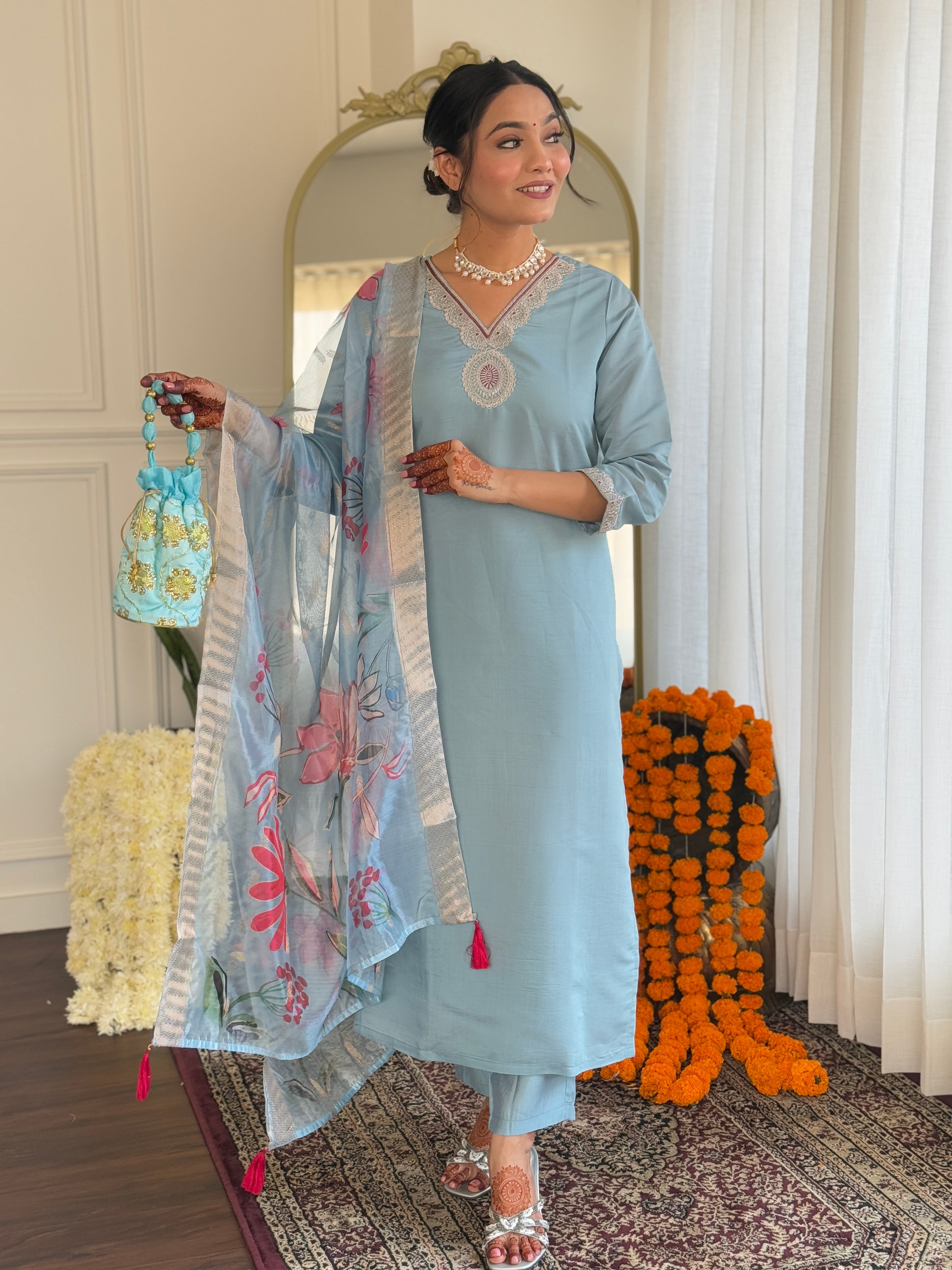 Women's Roman Silk Embroidered Straight Kurta with pant and dupatta sets