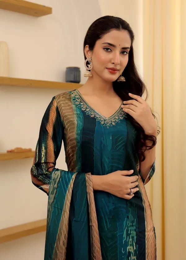 Womens Reyon Position Print with Embroidered Kurti Pant and Embroidered Dupatta Set