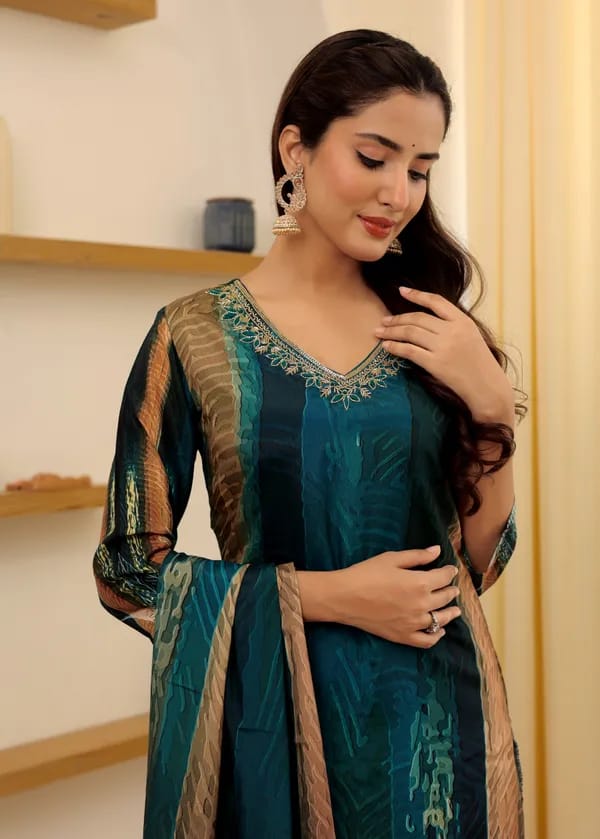 Womens Reyon Position Print with Embroidered Kurti Pant and Embroidered Dupatta Set