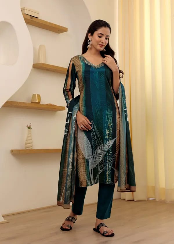 Womens Reyon Position Print with Embroidered Kurti Pant and Embroidered Dupatta Set