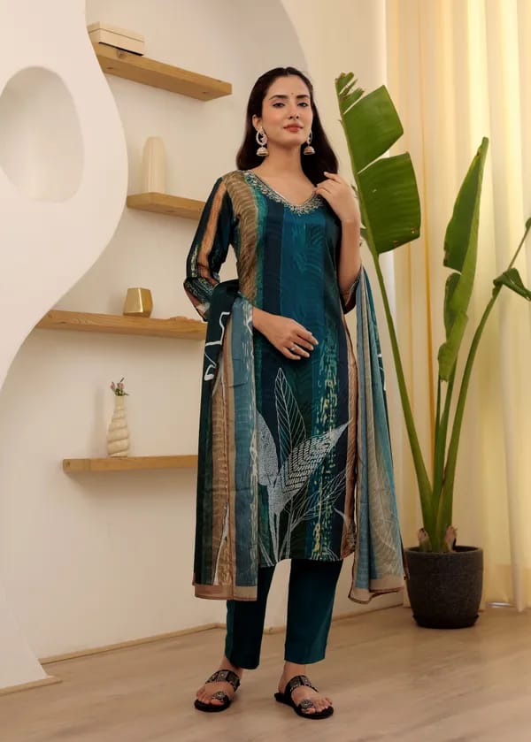 Womens Reyon Position Print with Embroidered Kurti Pant and Embroidered Dupatta Set