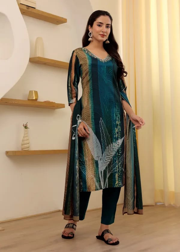 Womens Reyon Position Print with Embroidered Kurti Pant and Embroidered Dupatta Set