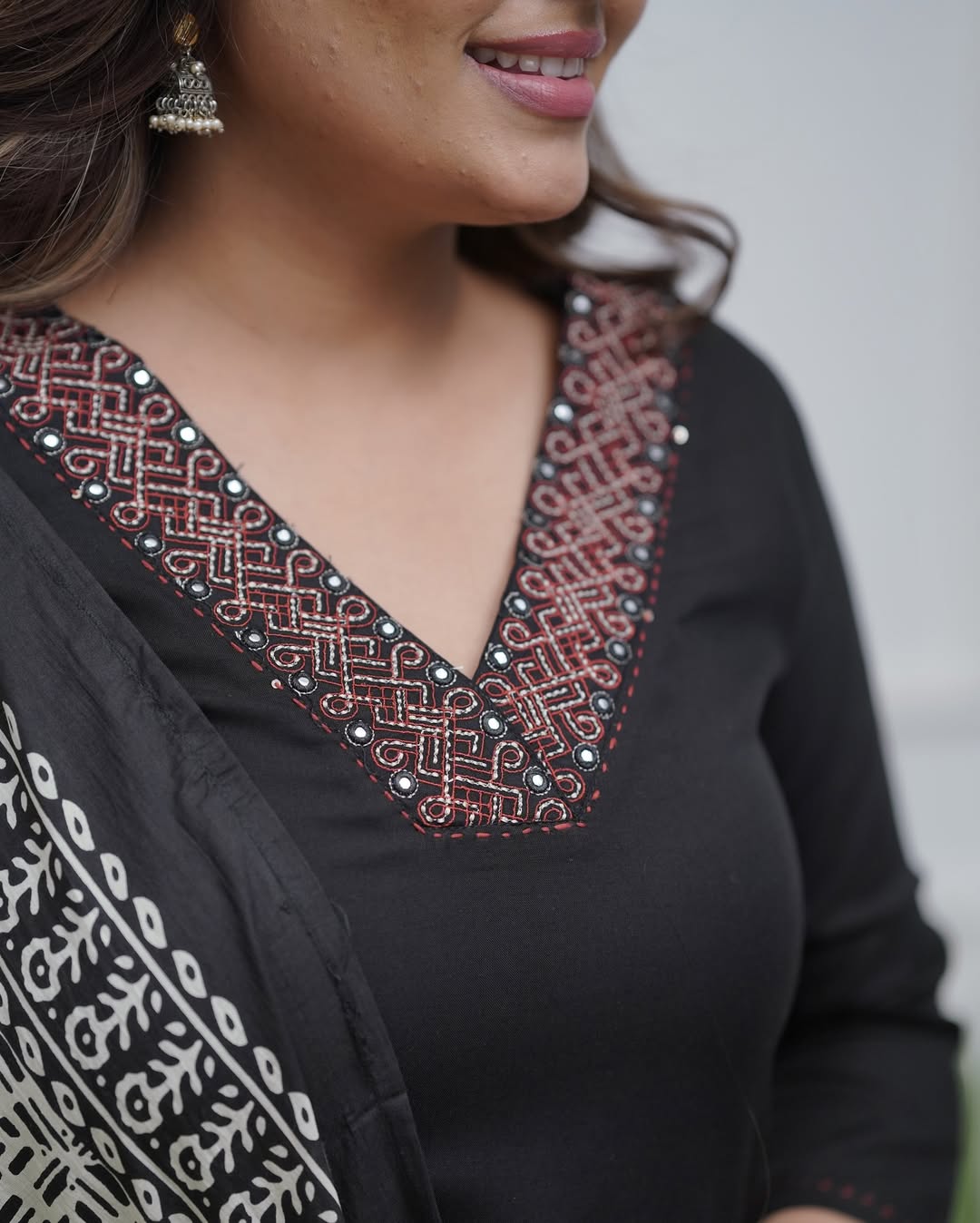 Black Embroidered Kurta Set for Women | Parmpara Viscose Straight Kurti with Plazo Pants & Chanderi Digital Print Dupatta