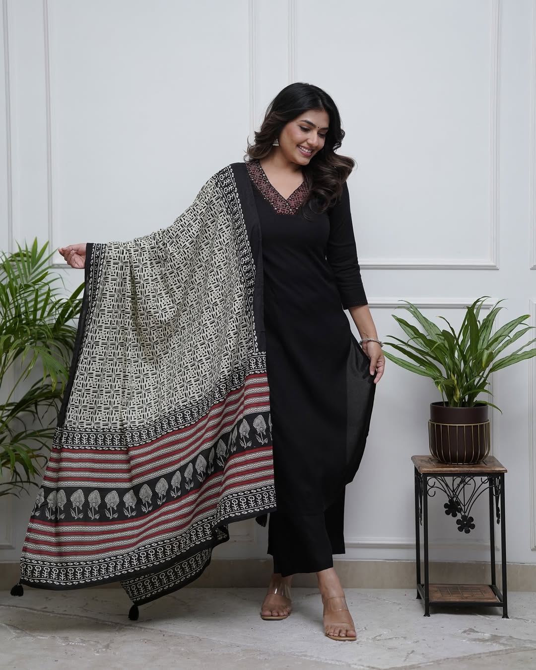 Black Embroidered Kurta Set for Women | Parmpara Viscose Straight Kurti with Plazo Pants & Chanderi Digital Print Dupatta