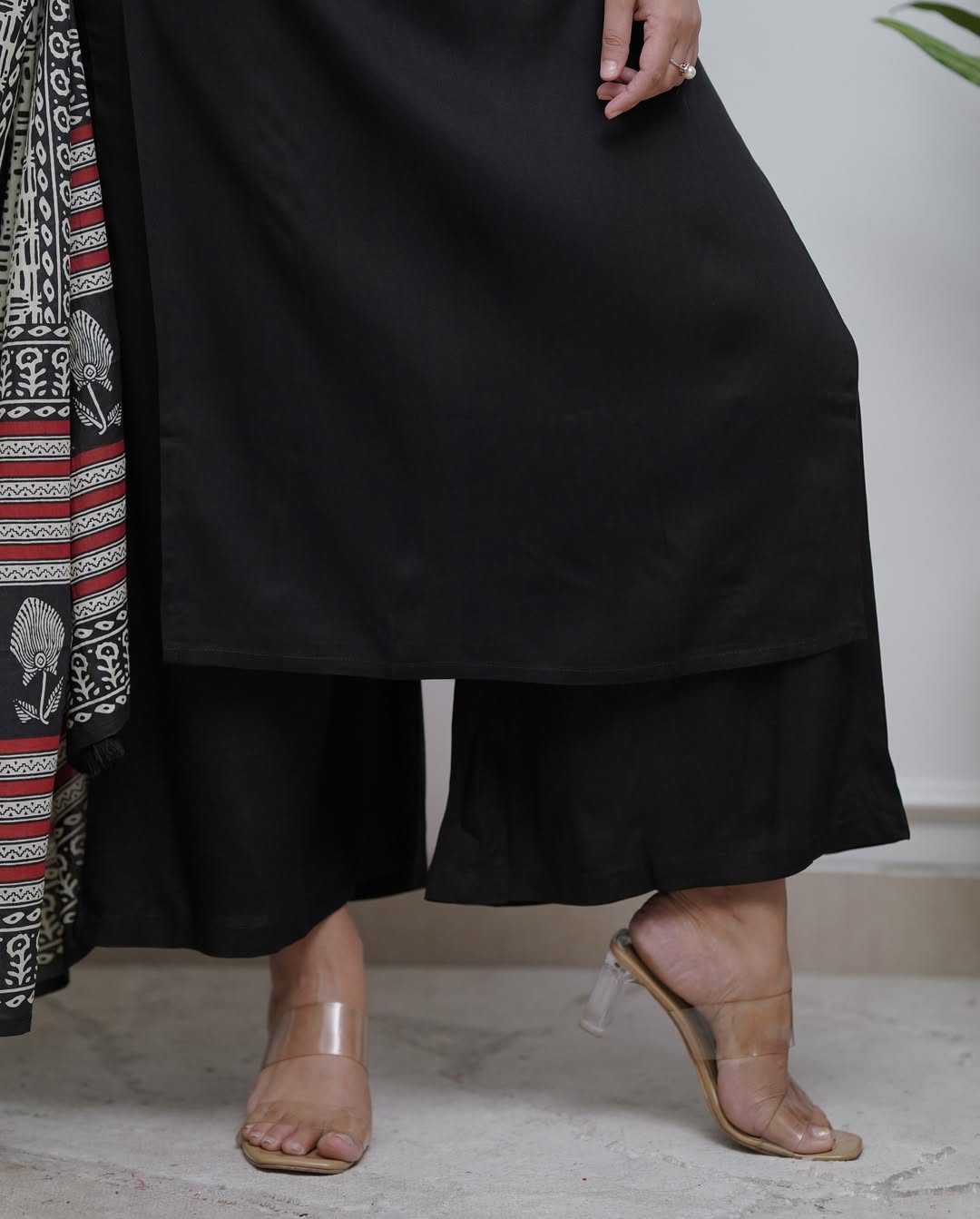 Black Embroidered Kurta Set for Women | Parmpara Viscose Straight Kurti with Plazo Pants & Chanderi Digital Print Dupatta