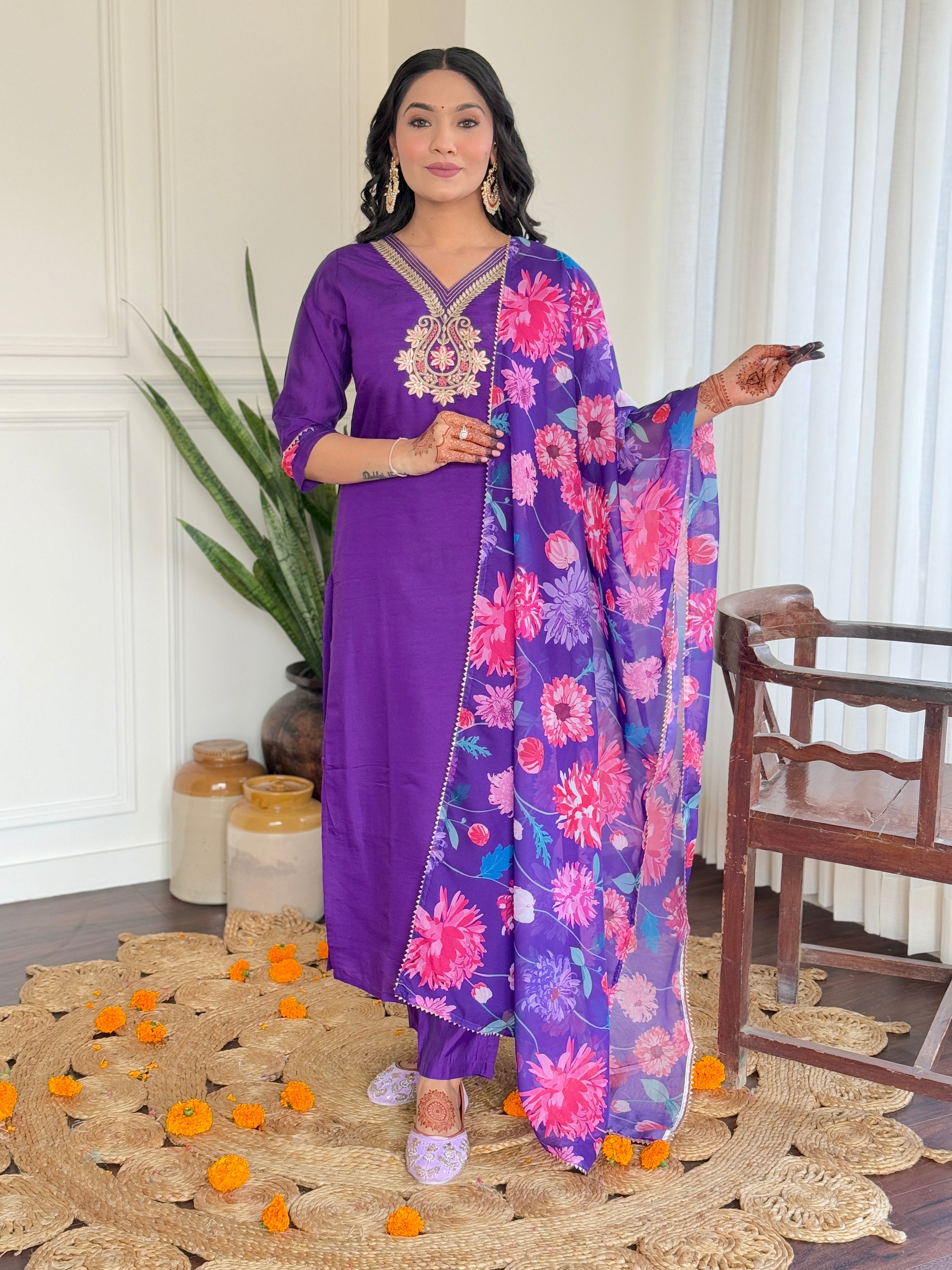 Purple Color Roman Silk Party Wear Kurti Pant Set