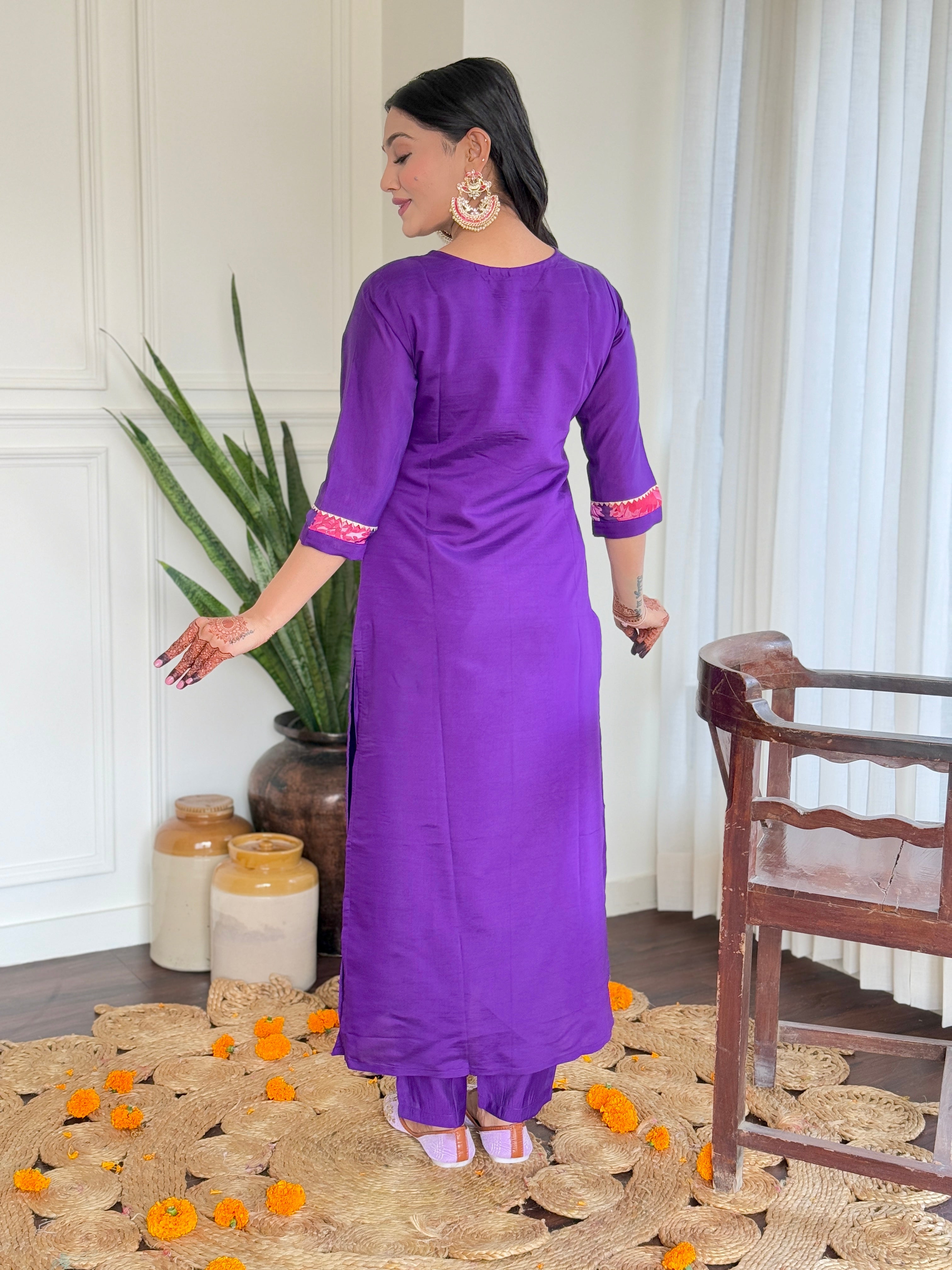 Purple Color Roman Silk Party Wear Kurti Pant Set