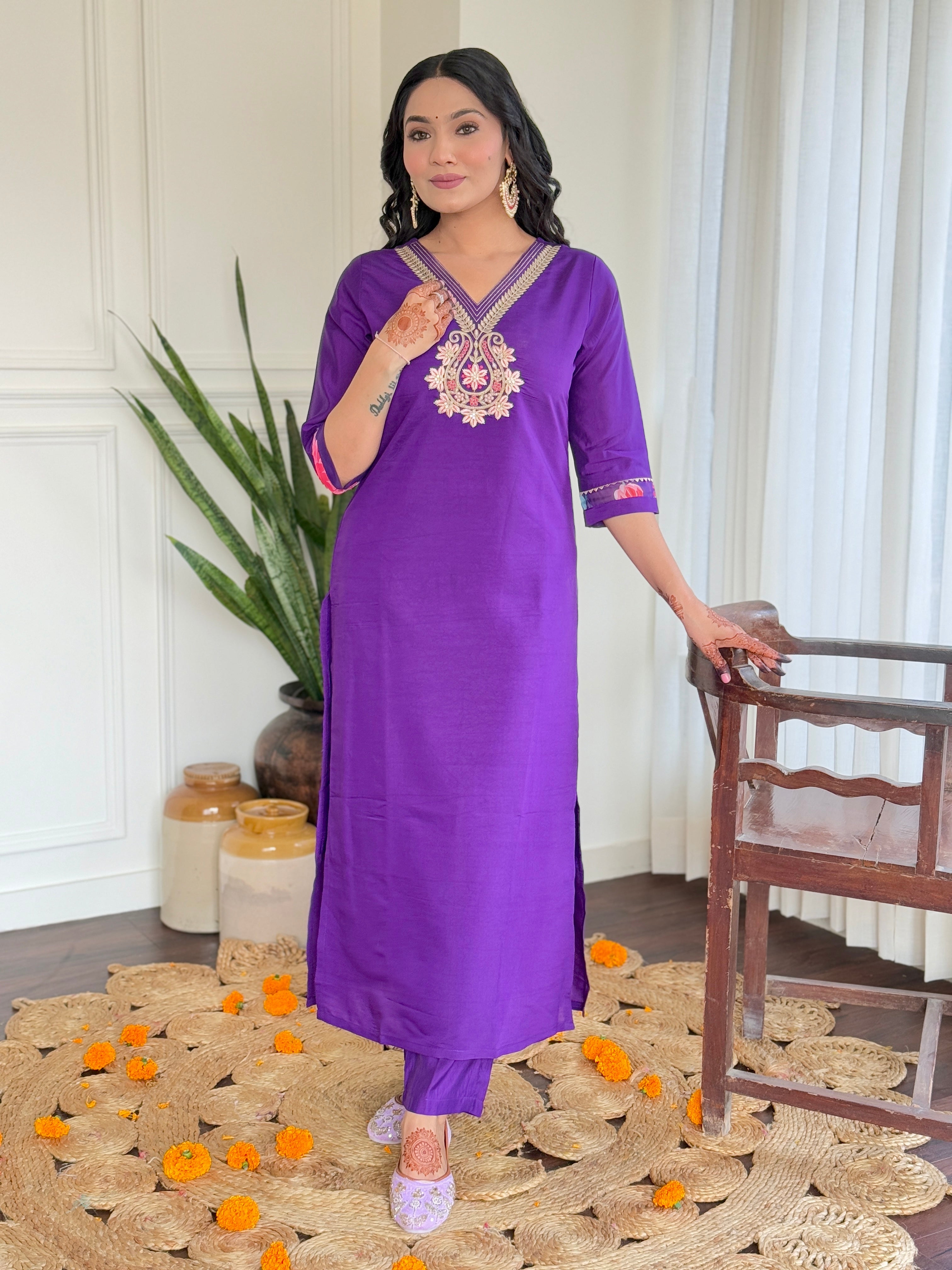 Purple Color Roman Silk Party Wear Kurti Pant Set