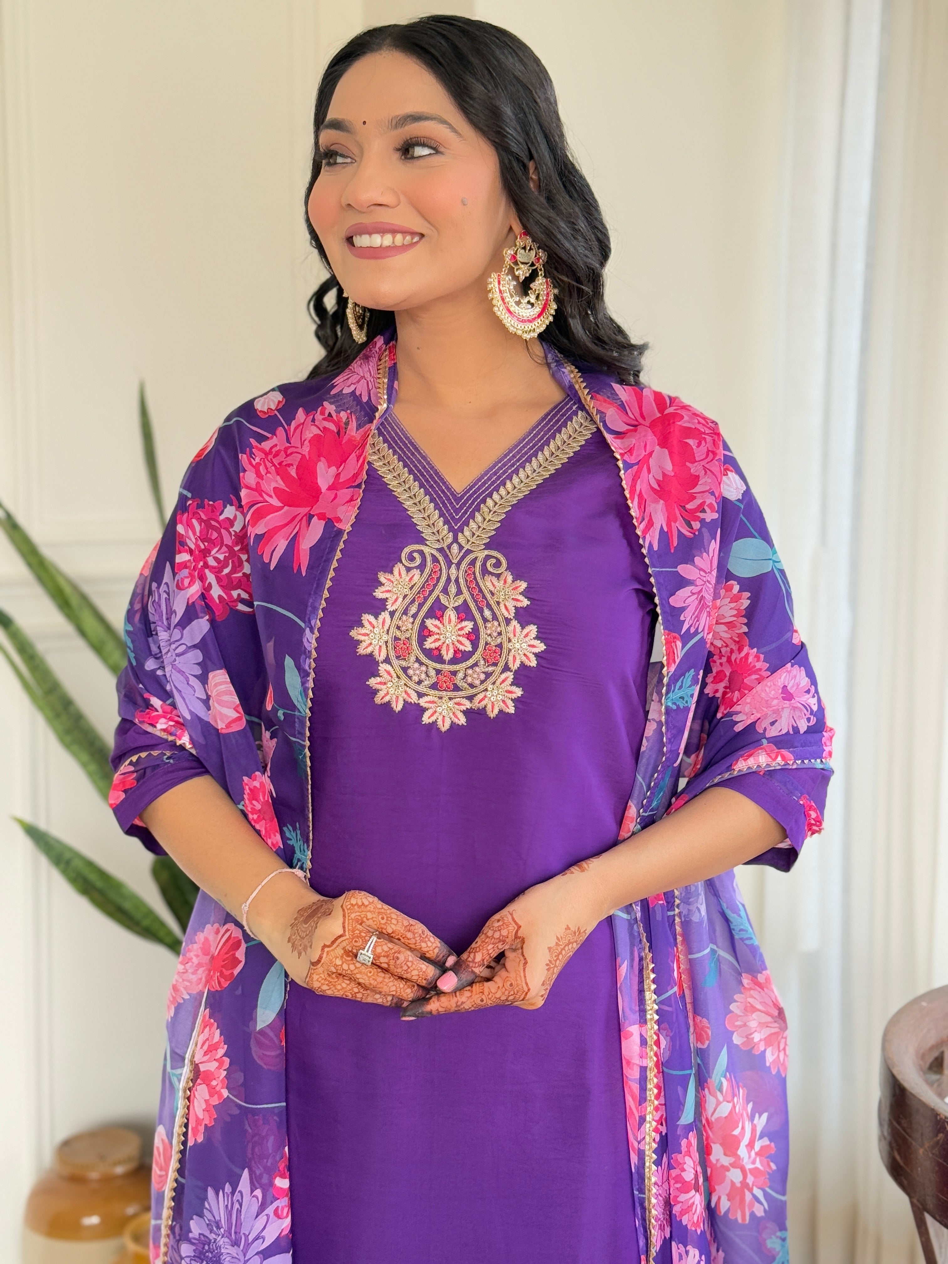 Purple Color Roman Silk Party Wear Kurti Pant Set