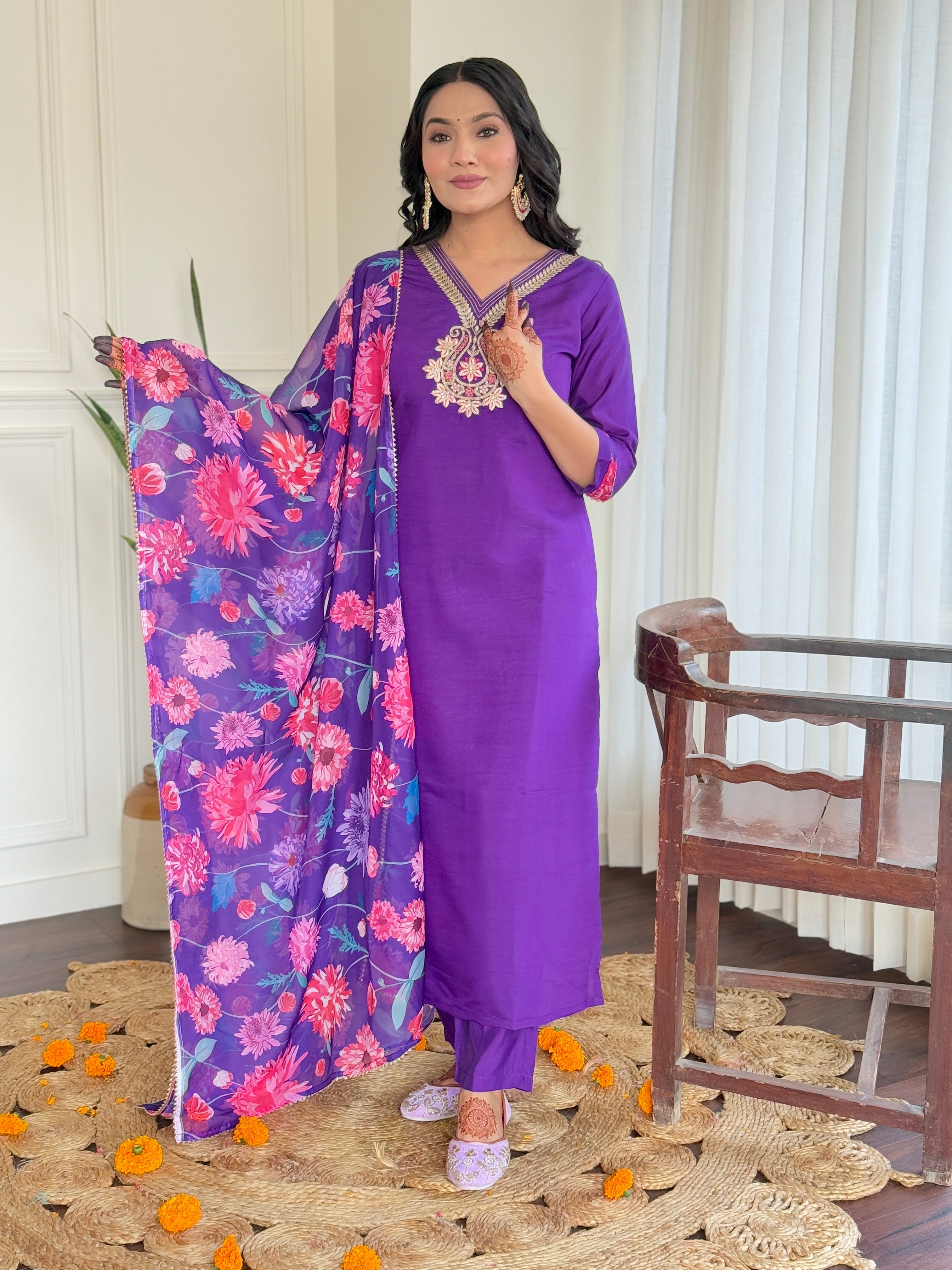 Purple Color Roman Silk Party Wear Kurti Pant Set