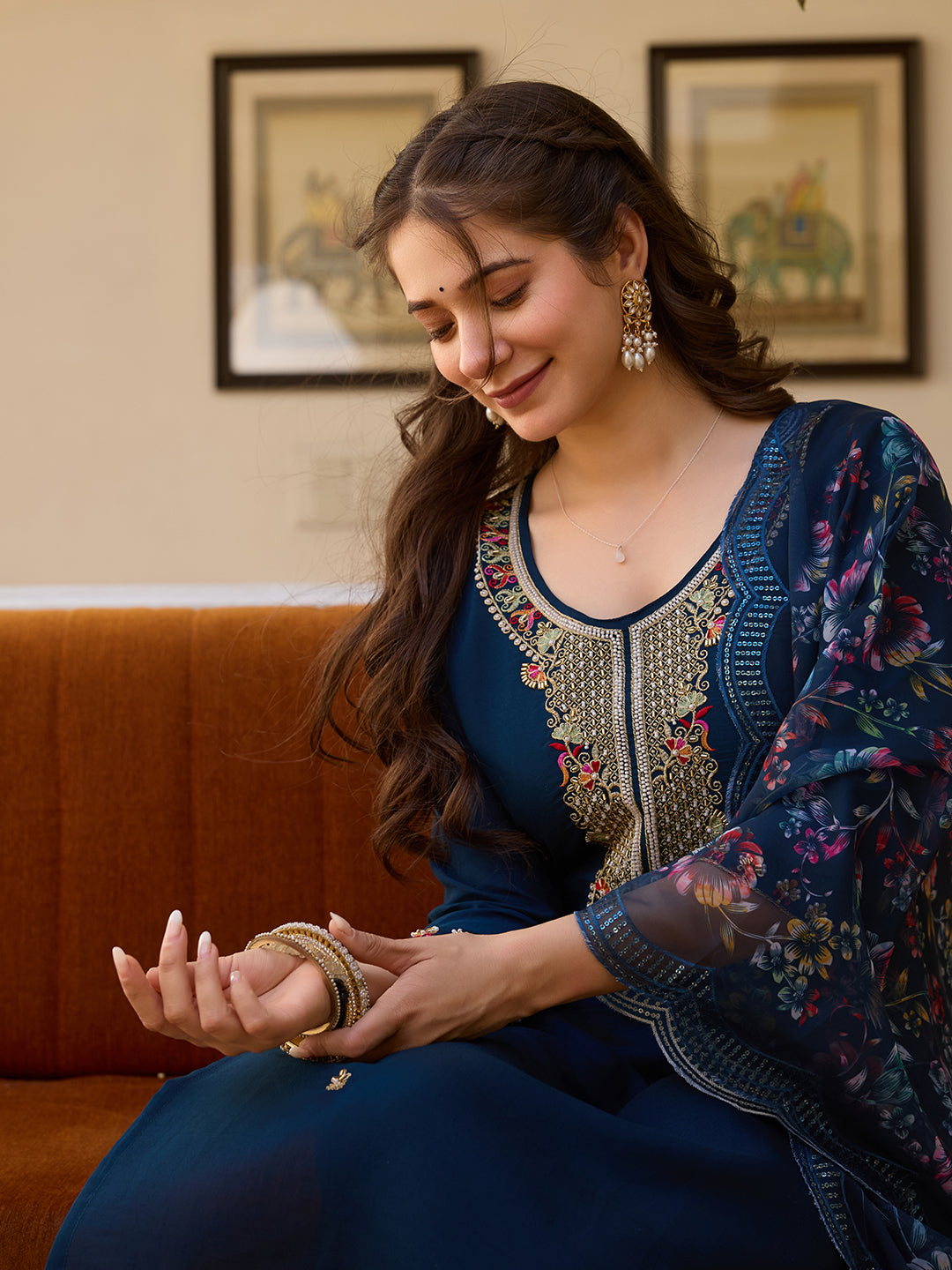 Women's Viscose Chanderi Embroidered Straight Kurta with Viscose Chanderi Pant & Organza Printed Dupatta Set
