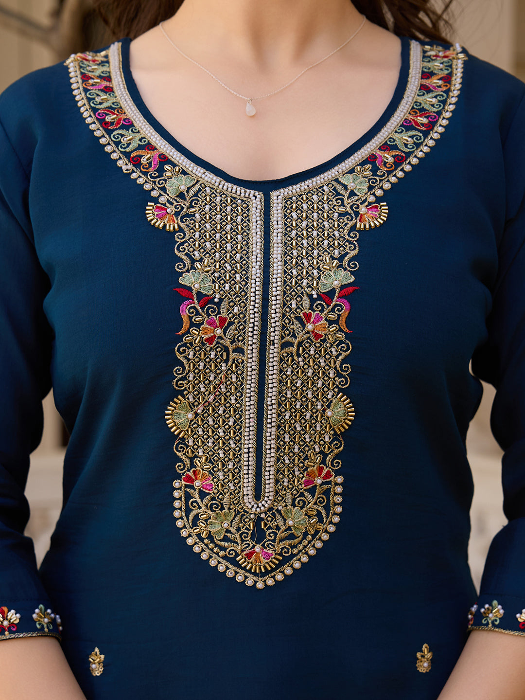 Women's Viscose Chanderi Embroidered Straight Kurta with Viscose Chanderi Pant & Organza Printed Dupatta Set