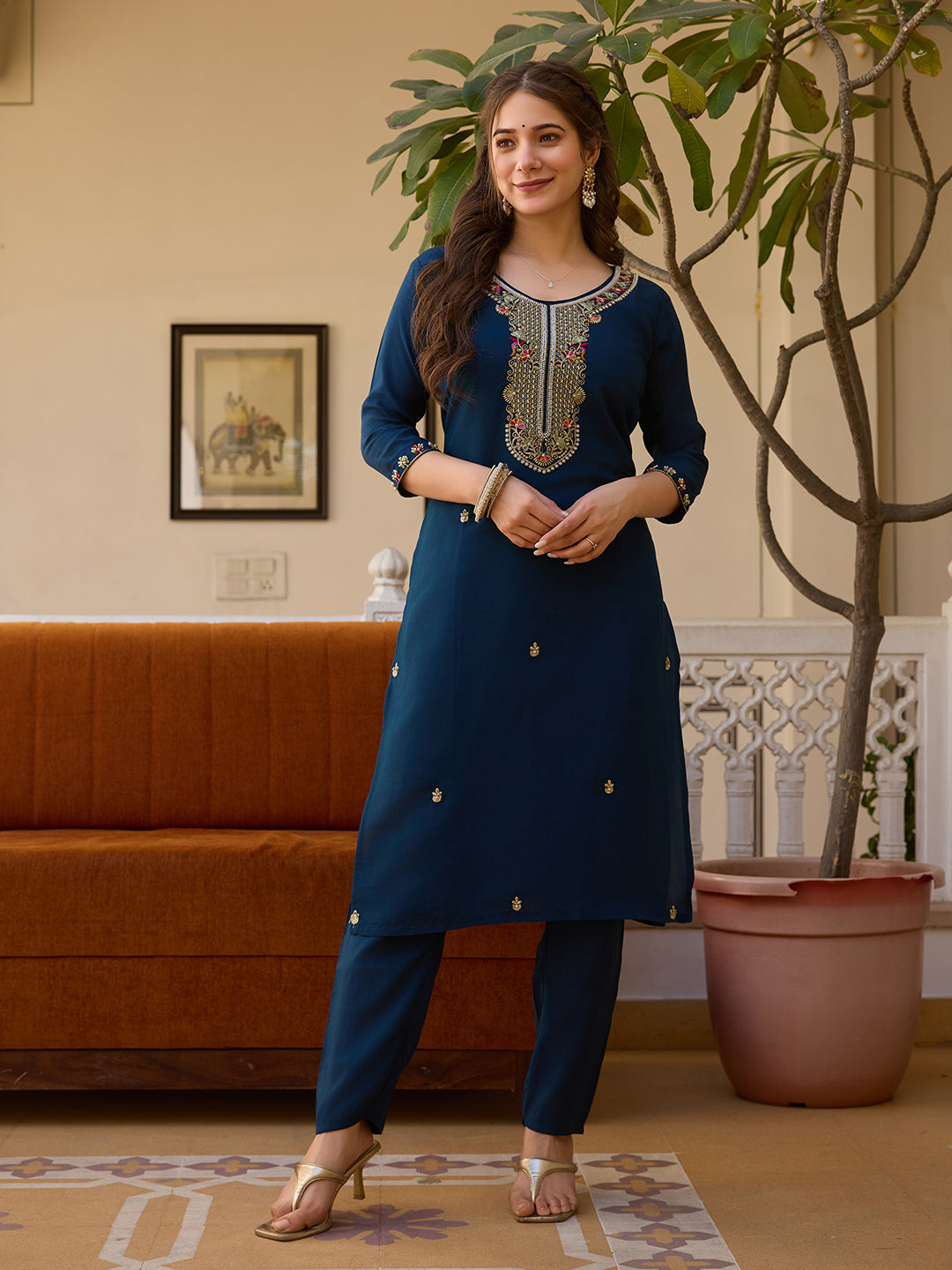 Women's Viscose Chanderi Embroidered Straight Kurta with Viscose Chanderi Pant & Organza Printed Dupatta Set