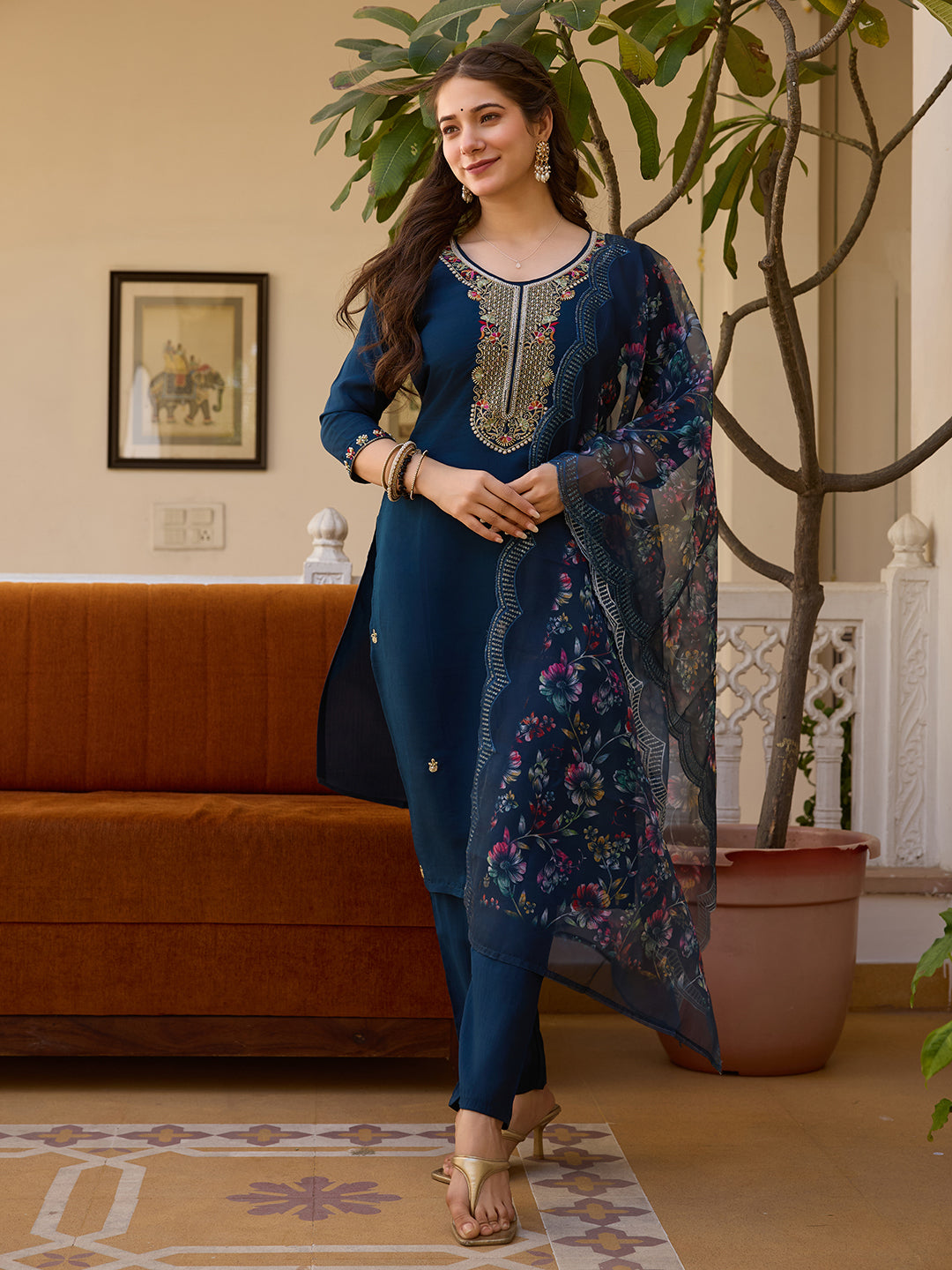 Women's Viscose Chanderi Embroidered Straight Kurta with Viscose Chanderi Pant & Organza Printed Dupatta Set