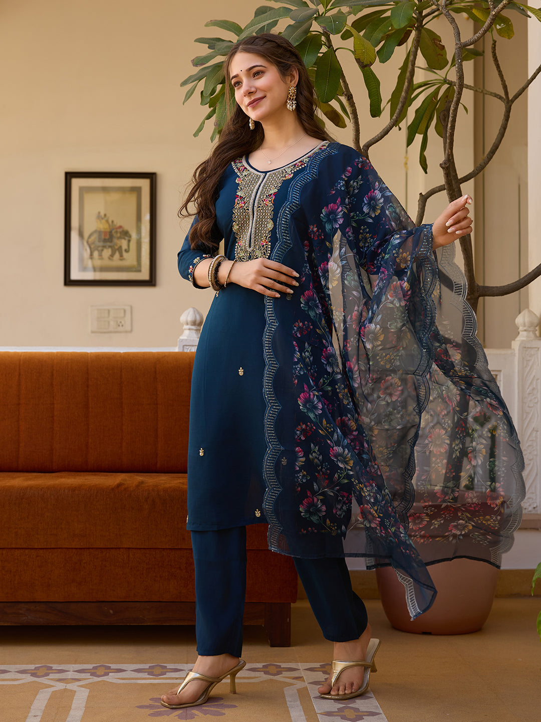 Women's Viscose Chanderi Embroidered Straight Kurta with Viscose Chanderi Pant & Organza Printed Dupatta Set