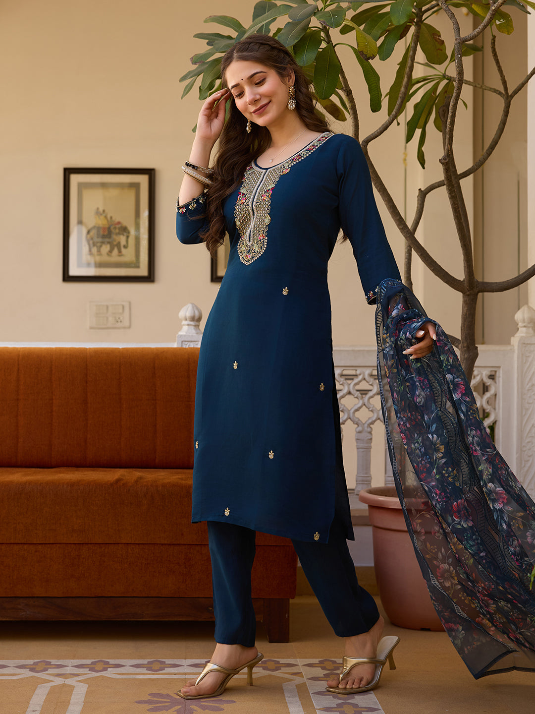 Women's Viscose Chanderi Embroidered Straight Kurta with Viscose Chanderi Pant & Organza Printed Dupatta Set