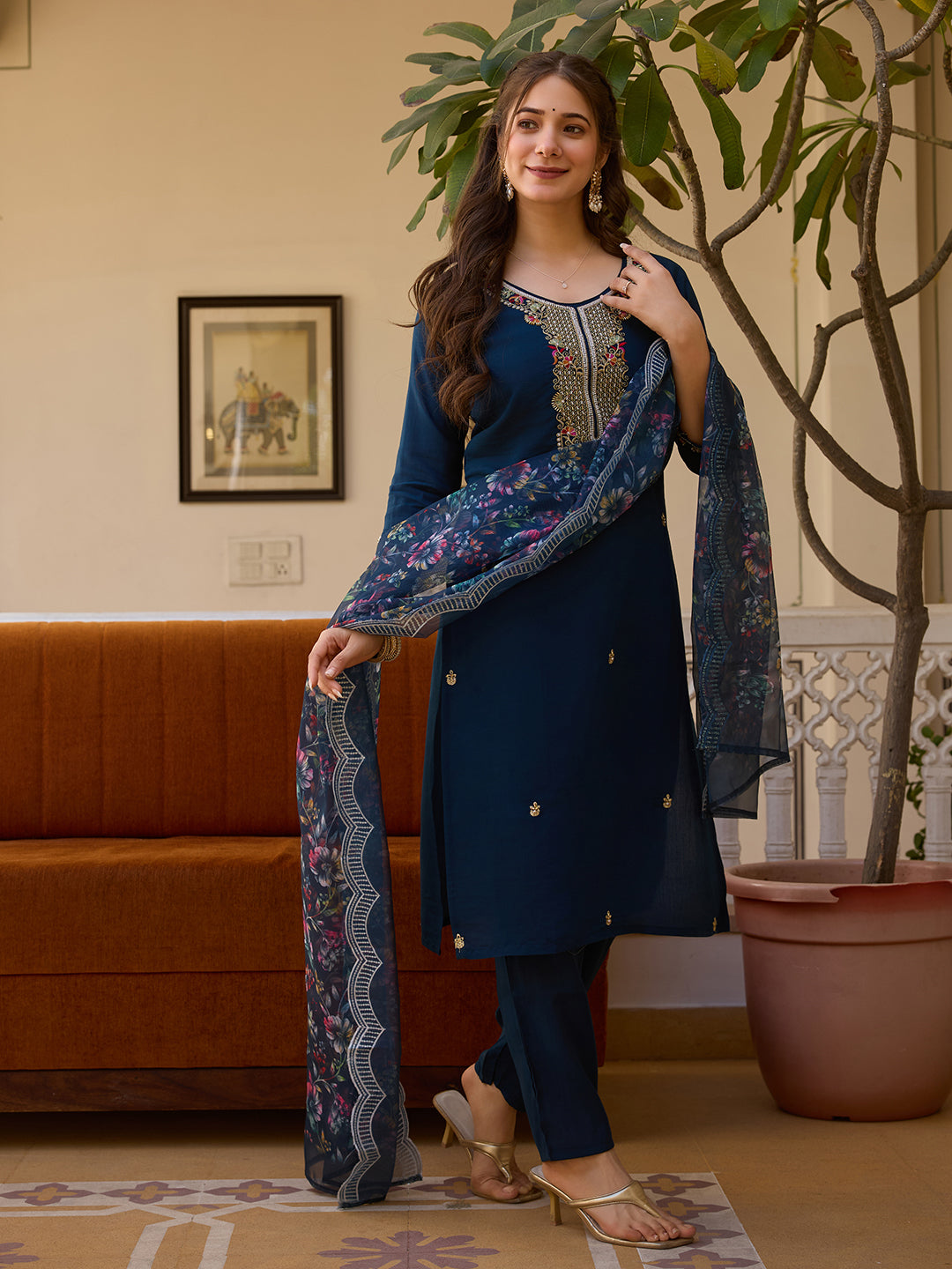 Women's Viscose Chanderi Embroidered Straight Kurta with Viscose Chanderi Pant & Organza Printed Dupatta Set