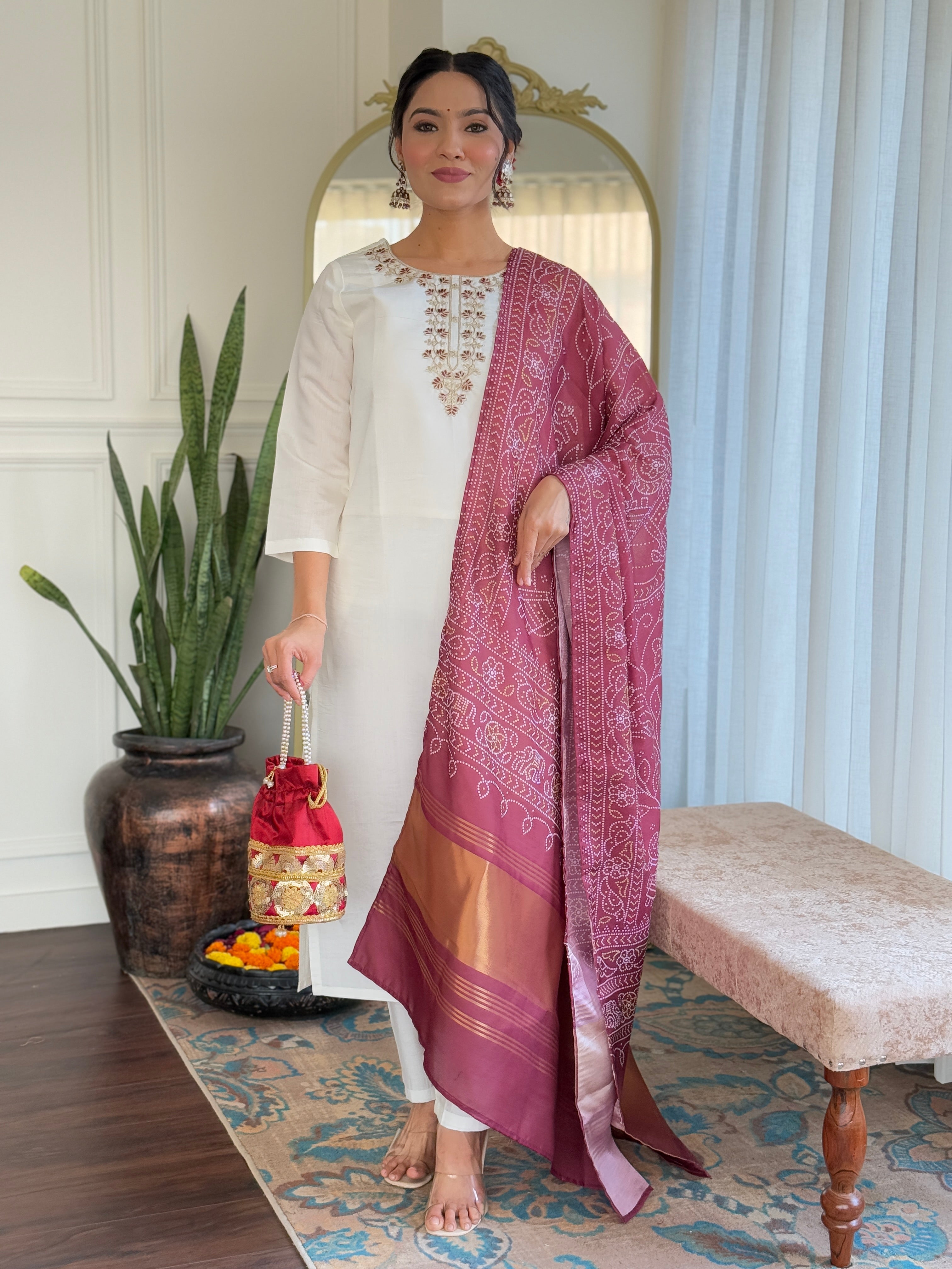 Women's Off white Roman Silk Embroidered Straight Kurta with Roman Silk Pant & Silk Printed Dupatta Set