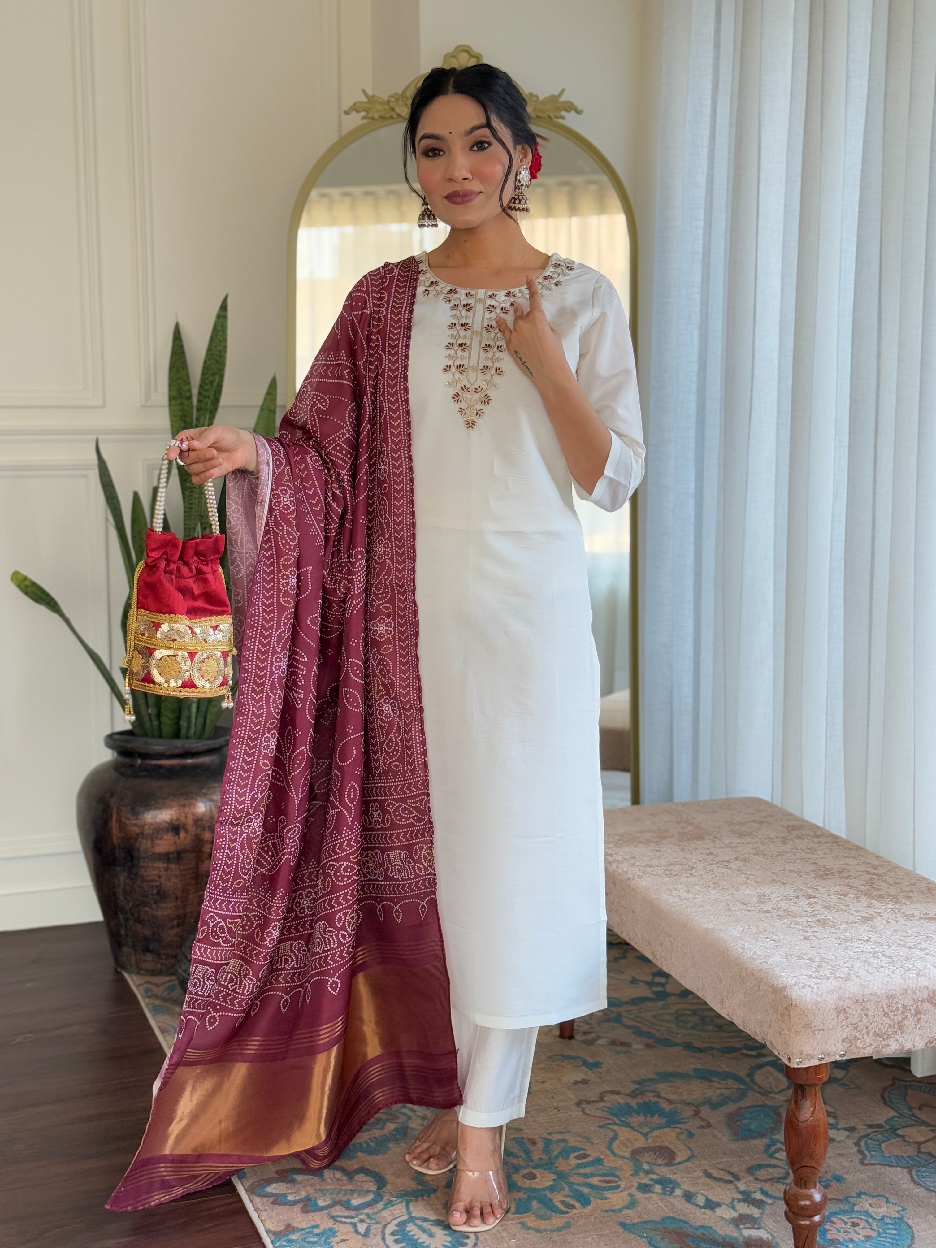 Women's Off white Roman Silk Embroidered Straight Kurta with Roman Silk Pant & Silk Printed Dupatta Set
