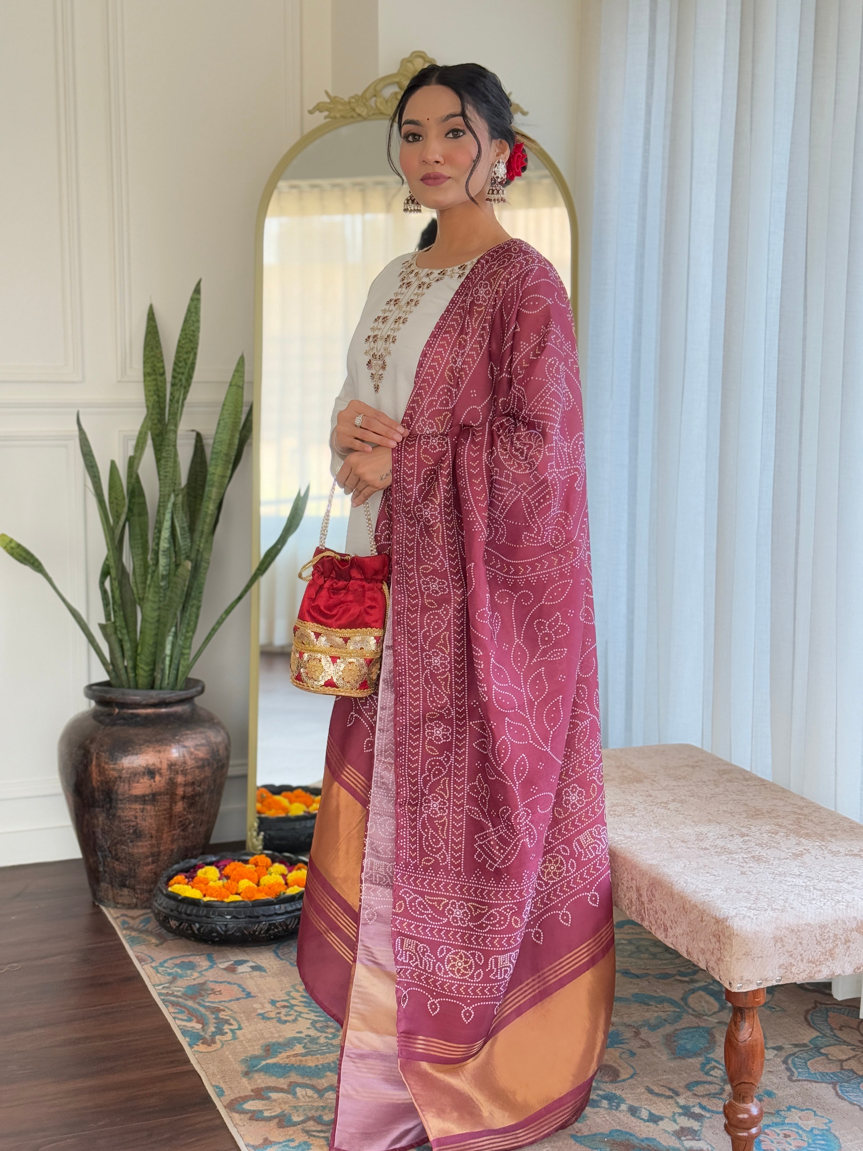 Women's Off white Roman Silk Embroidered Straight Kurta with Roman Silk Pant & Silk Printed Dupatta Set