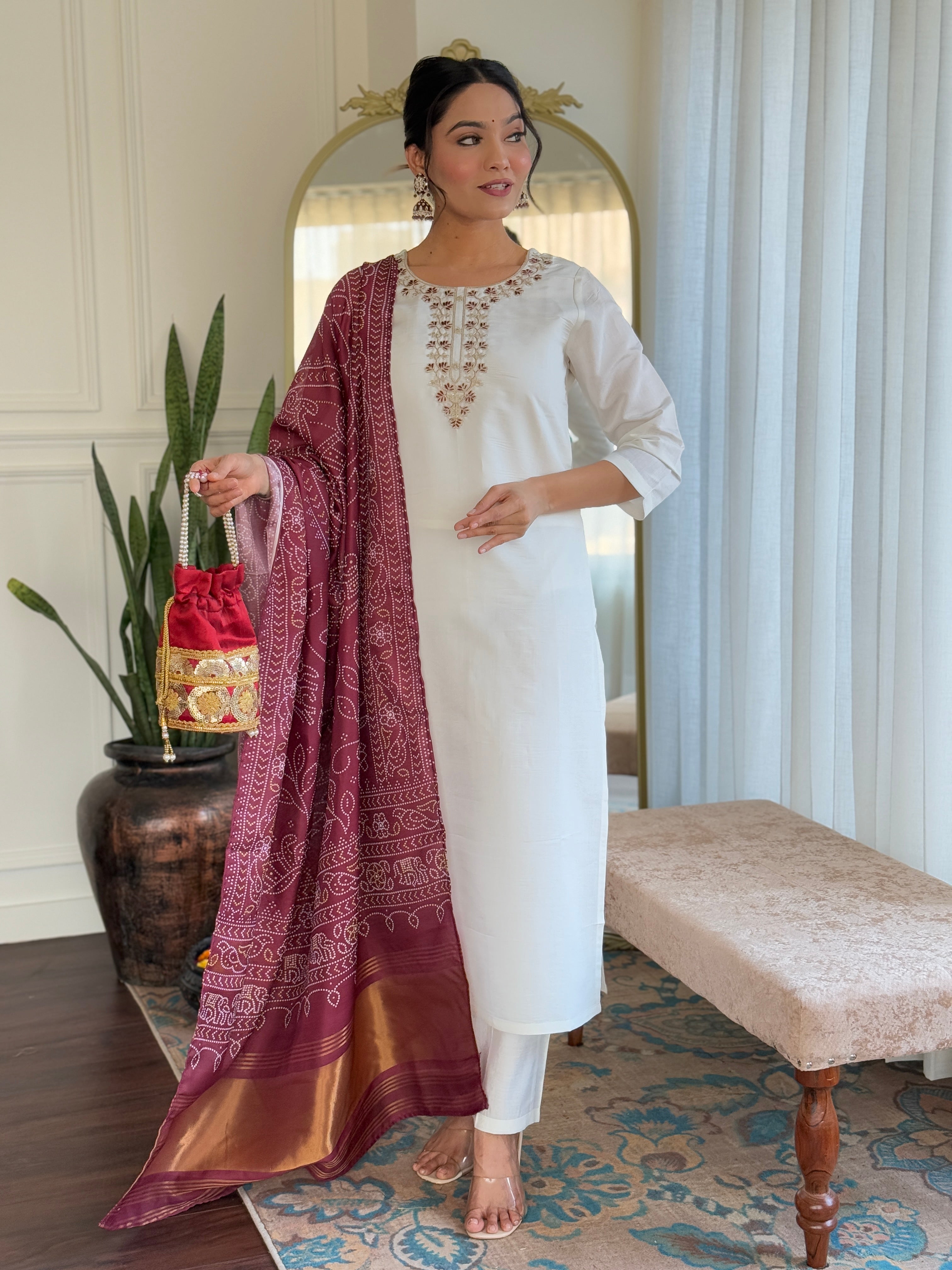 Women's Off white Roman Silk Embroidered Straight Kurta with Roman Silk Pant & Silk Printed Dupatta Set