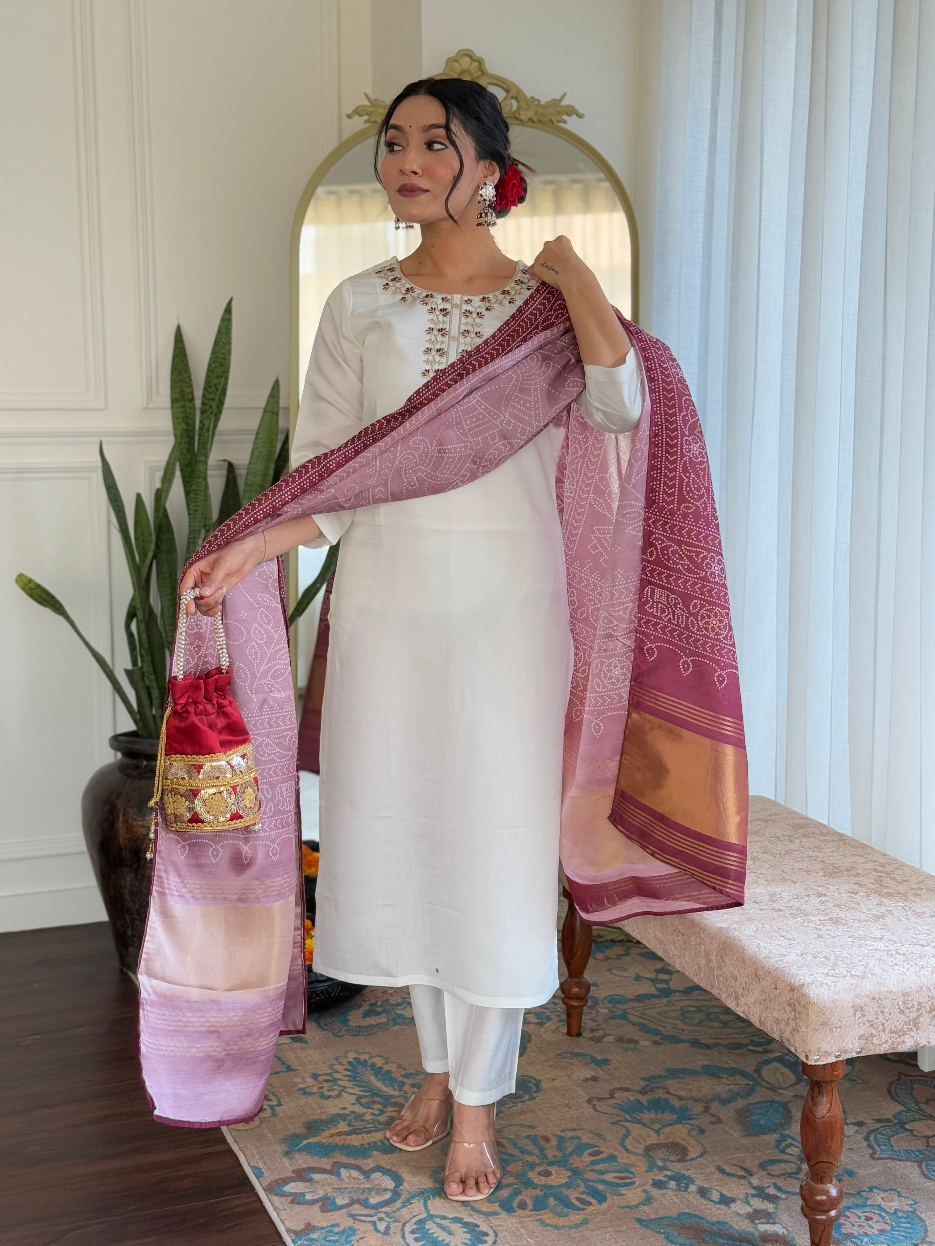 Women's Off white Roman Silk Embroidered Straight Kurta with Roman Silk Pant & Silk Printed Dupatta Set