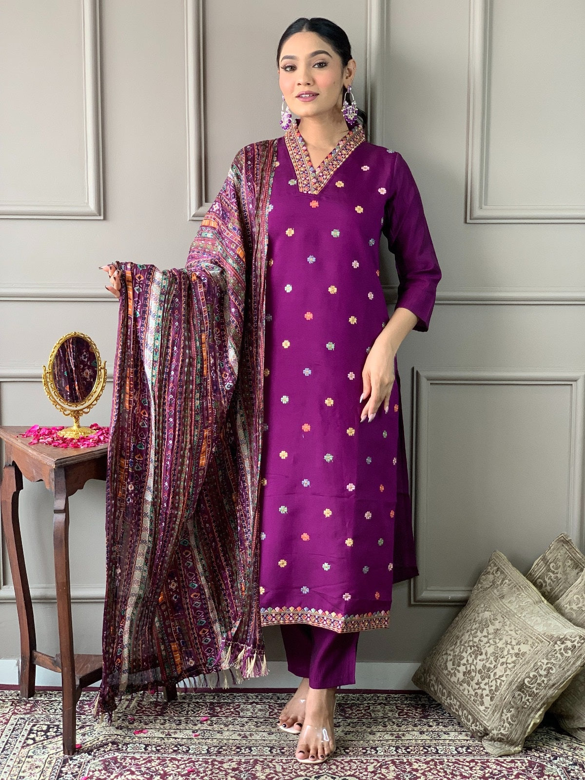 Women Embroidered Straight Kurta with Pants & Dupatta Set
