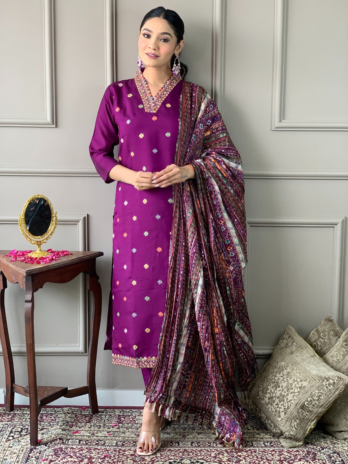 Women Embroidered Straight Kurta with Pants & Dupatta Set