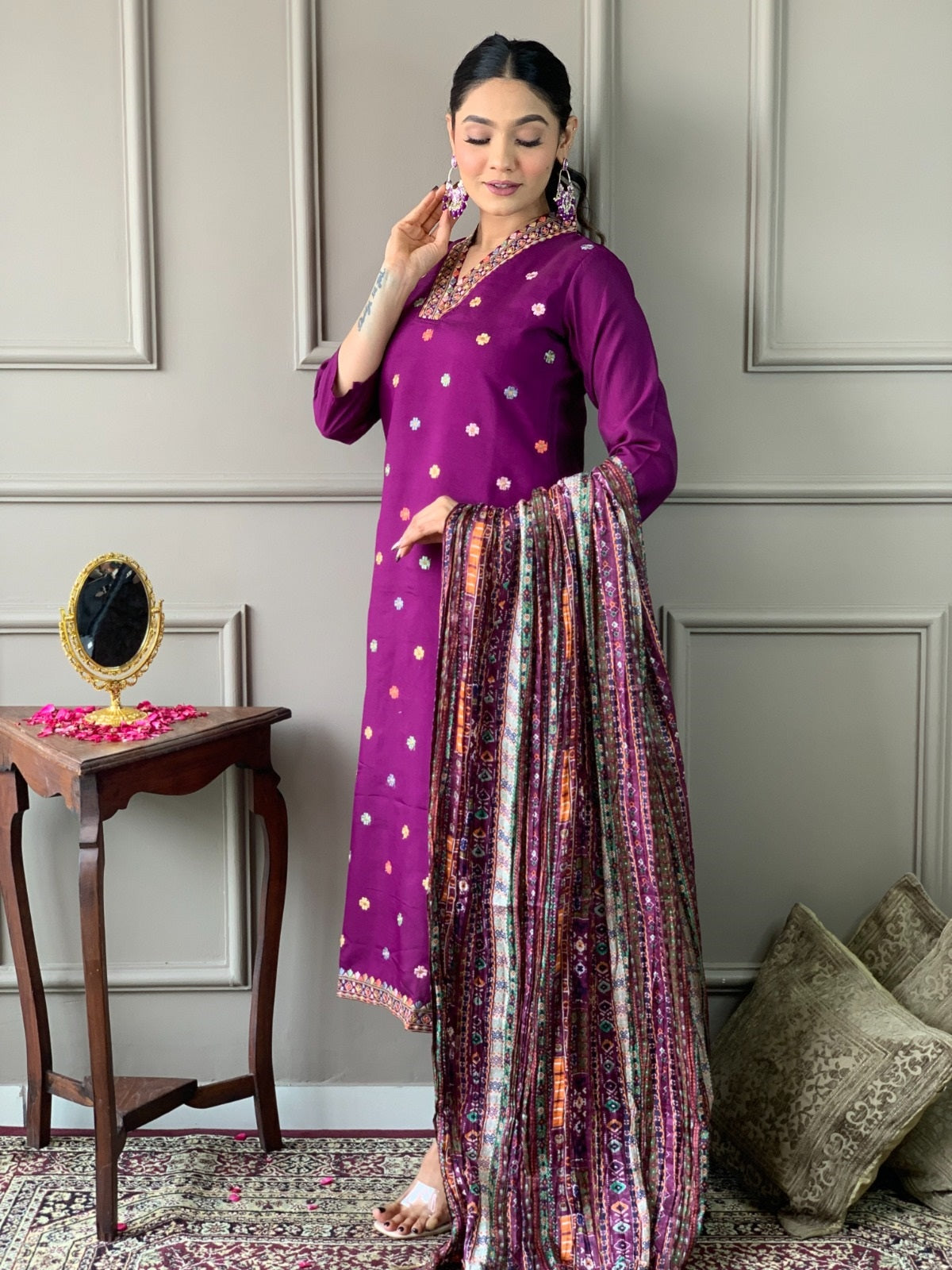 Women Embroidered Straight Kurta with Pants & Dupatta Set