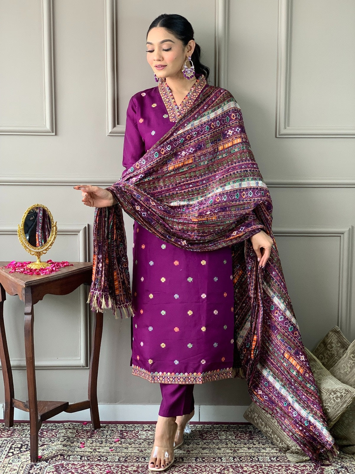 Women Embroidered Straight Kurta with Pants & Dupatta Set