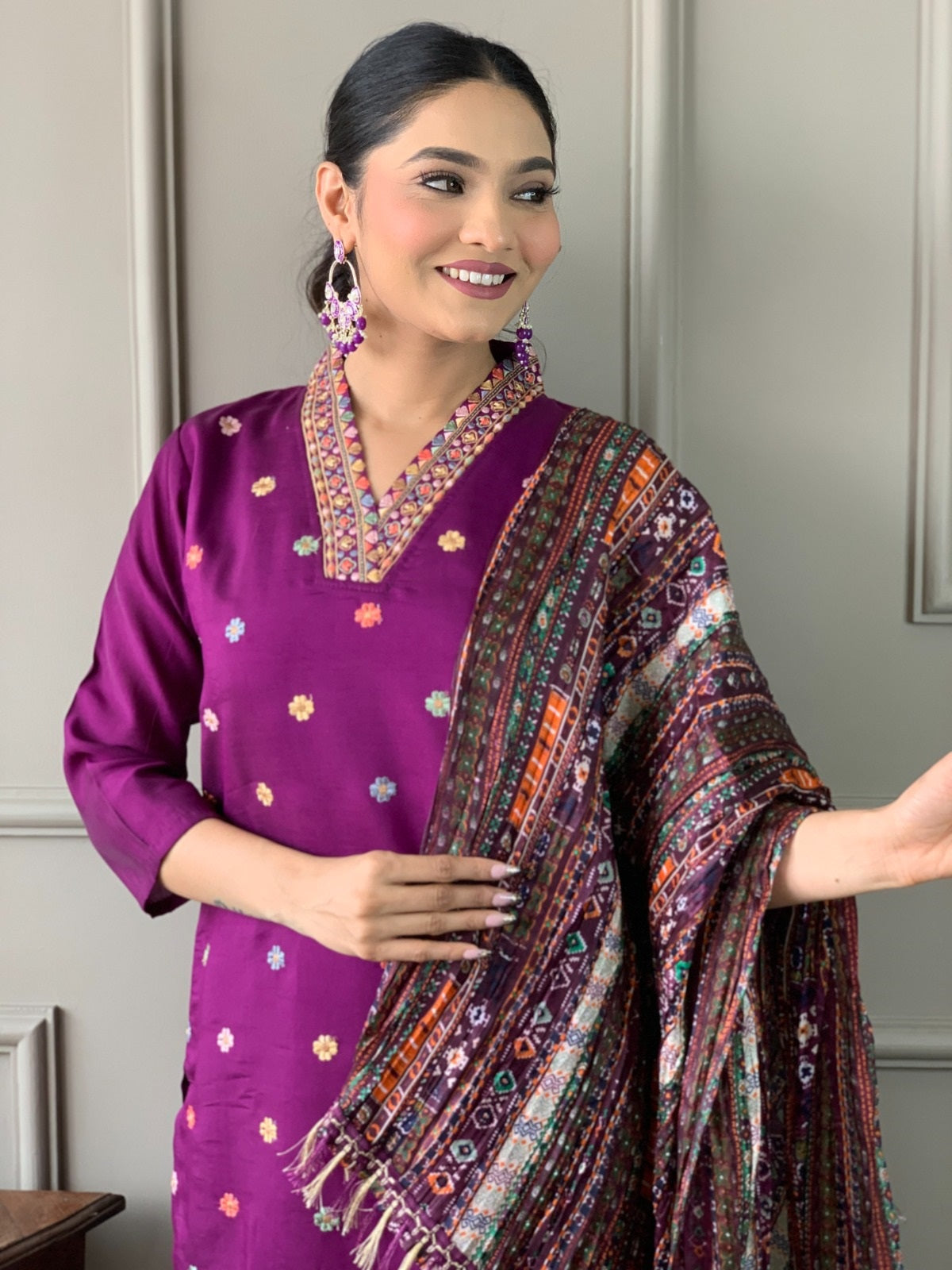 Women Embroidered Straight Kurta with Pants & Dupatta Set