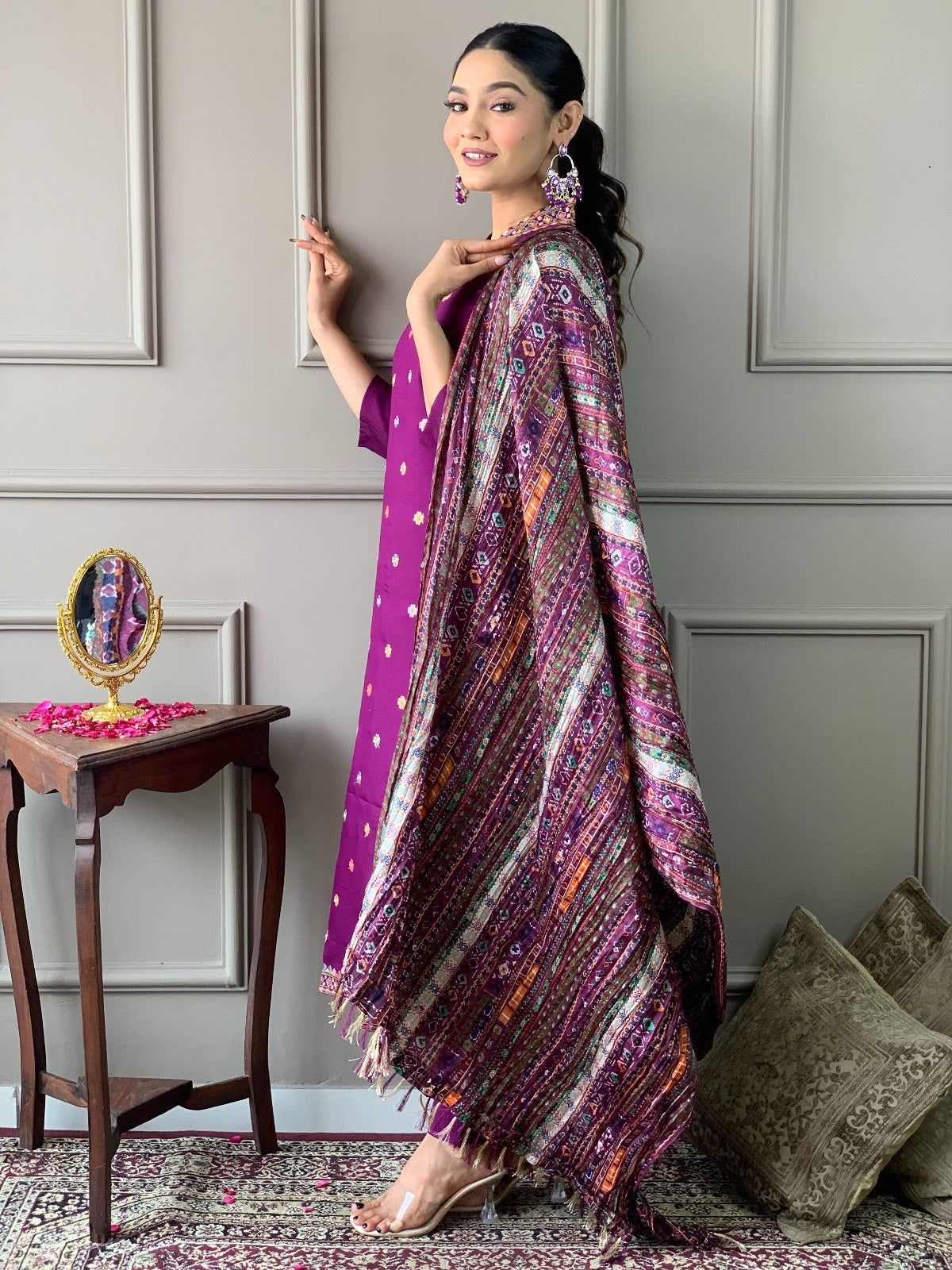 Women Embroidered Straight Kurta with Pants & Dupatta Set