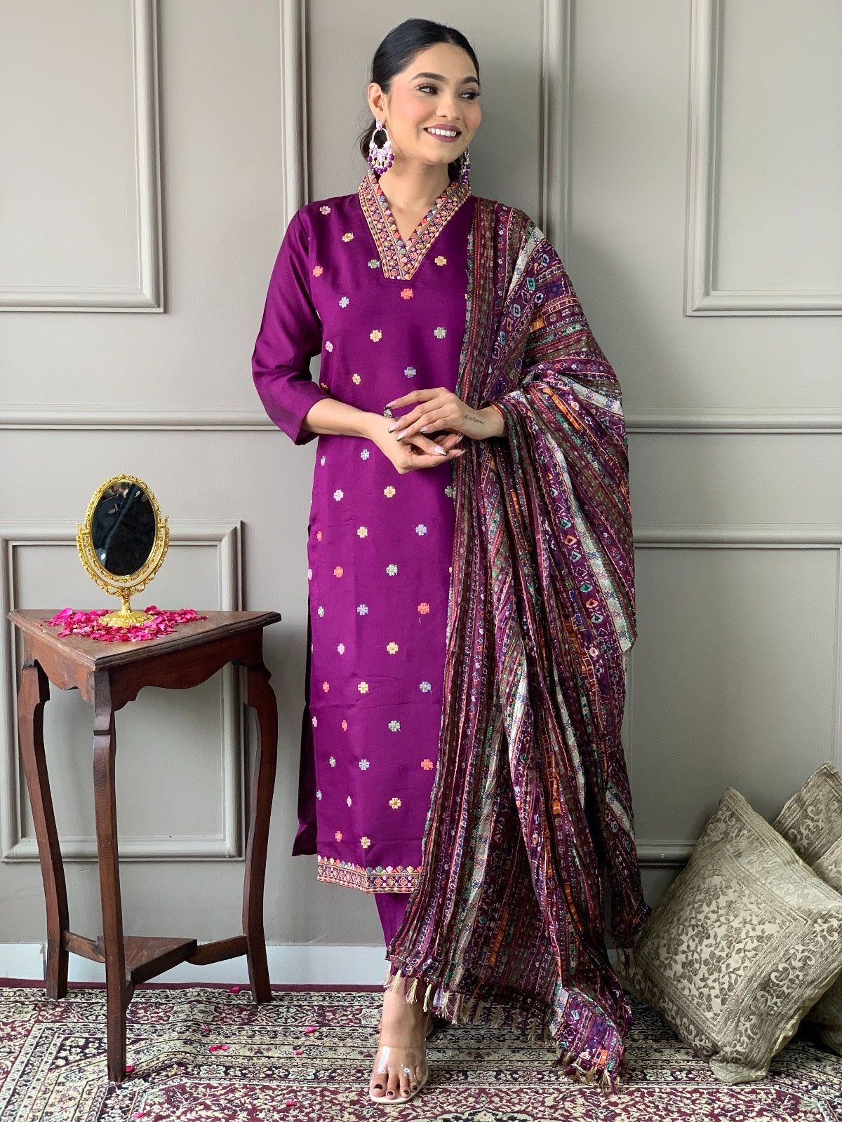 Women Embroidered Straight Kurta with Pants & Dupatta Set