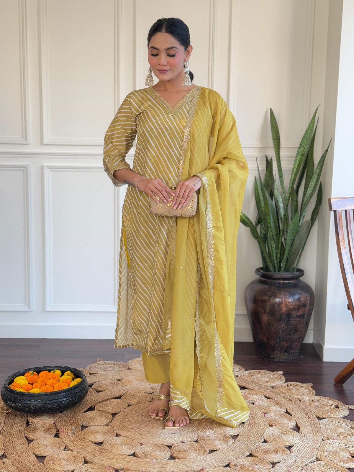 Women's Viscose Embroidered Straight Kurta with  Chanderi Pant & Organza Printed Dupatta Set