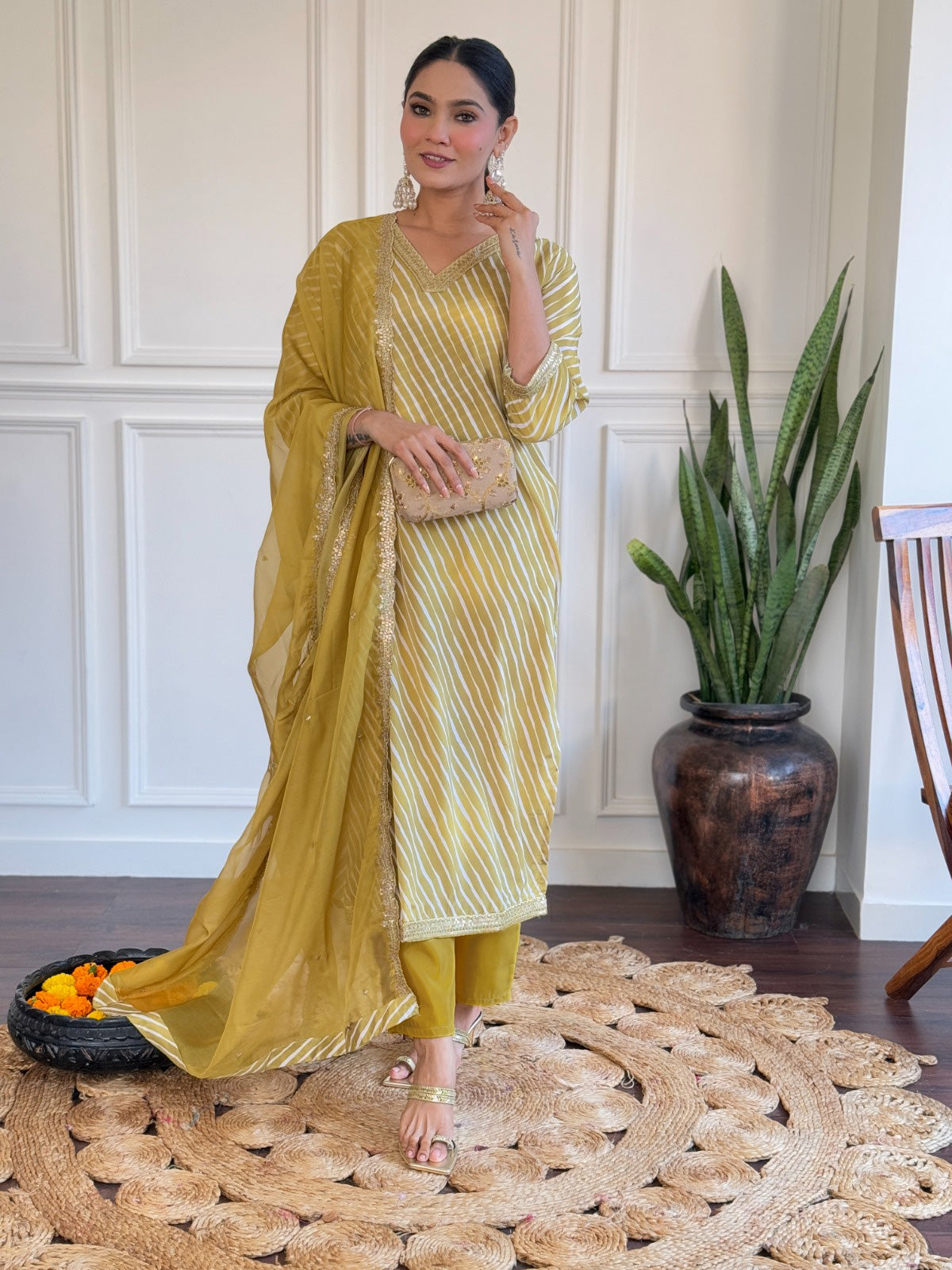 Women's Viscose Embroidered Straight Kurta with  Chanderi Pant & Organza Printed Dupatta Set