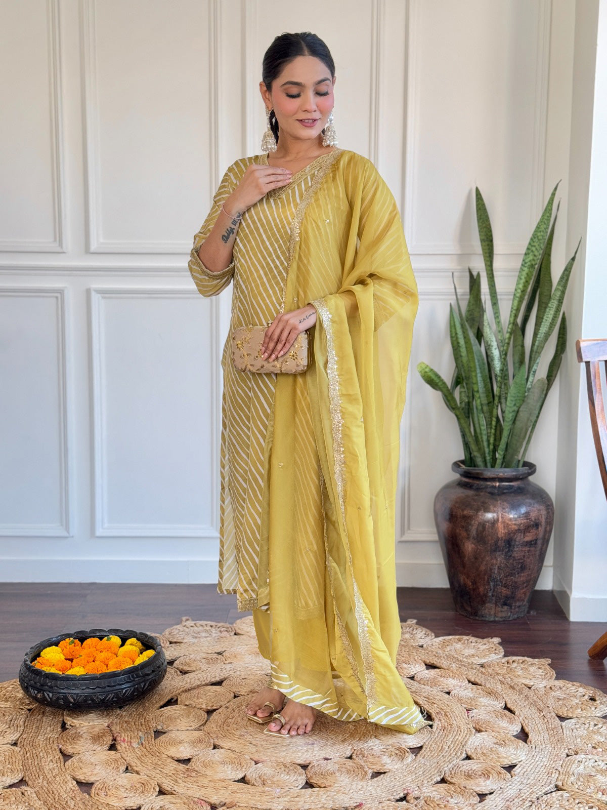 Women's Viscose Embroidered Straight Kurta with  Chanderi Pant & Organza Printed Dupatta Set